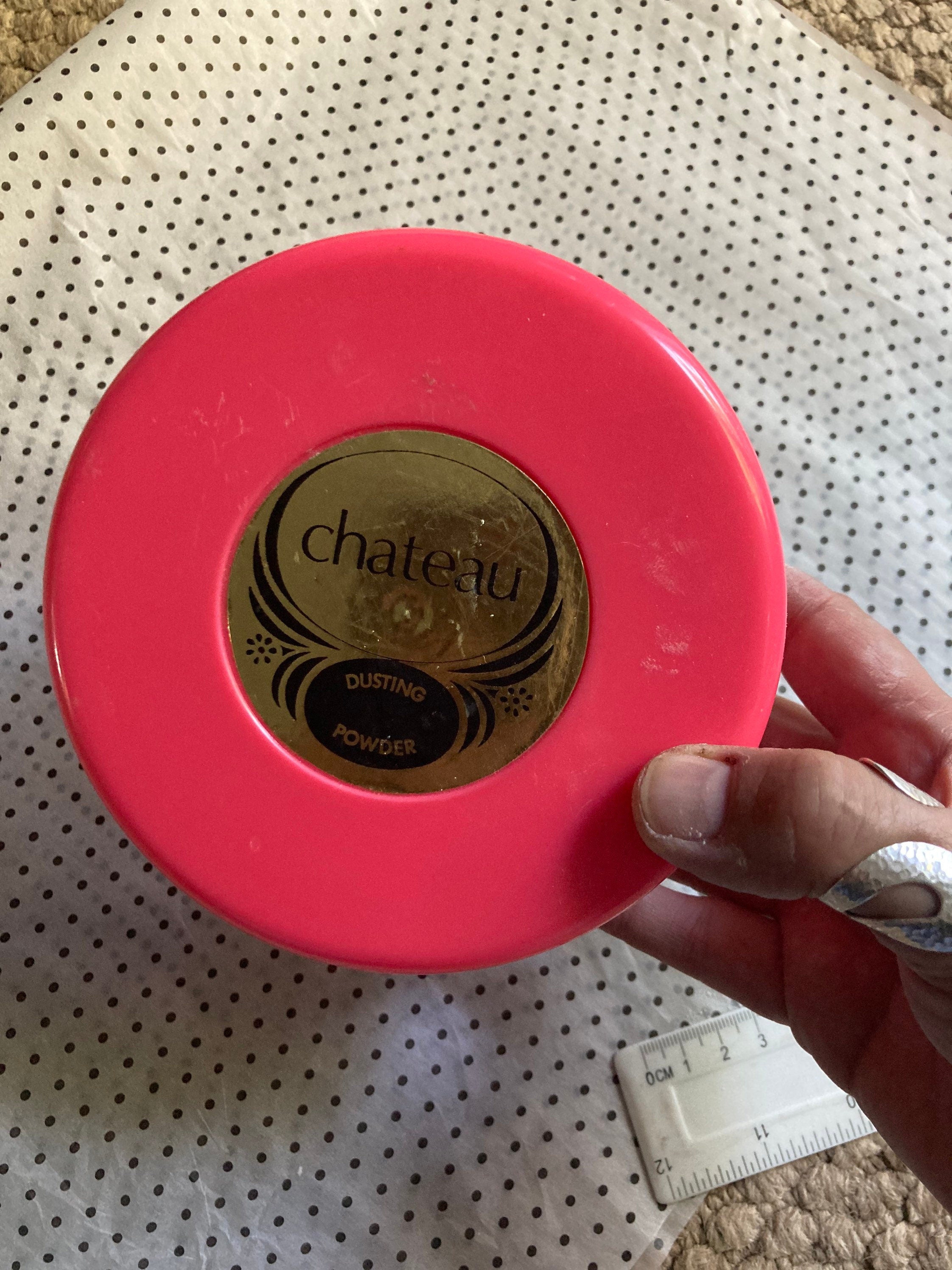 Xl Vintage large round pink large box of CHATEAU Dusting Powder with puff