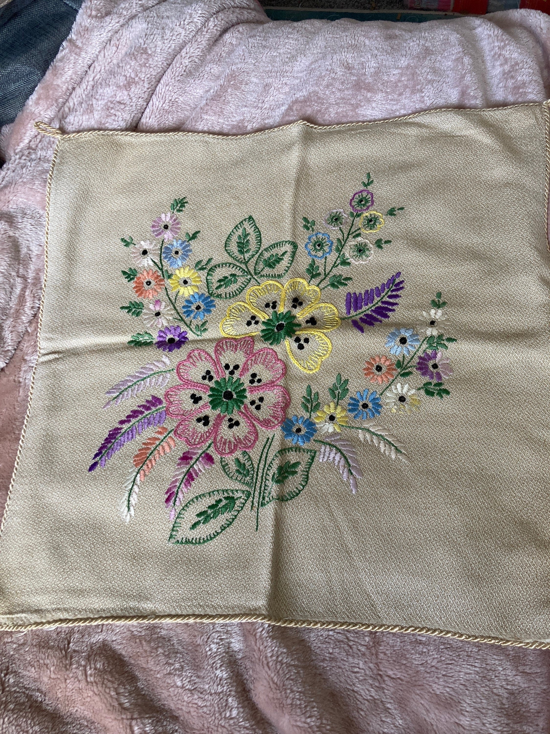 Vintage beige square hand embroidered linen pillow cushion cover 18 inch