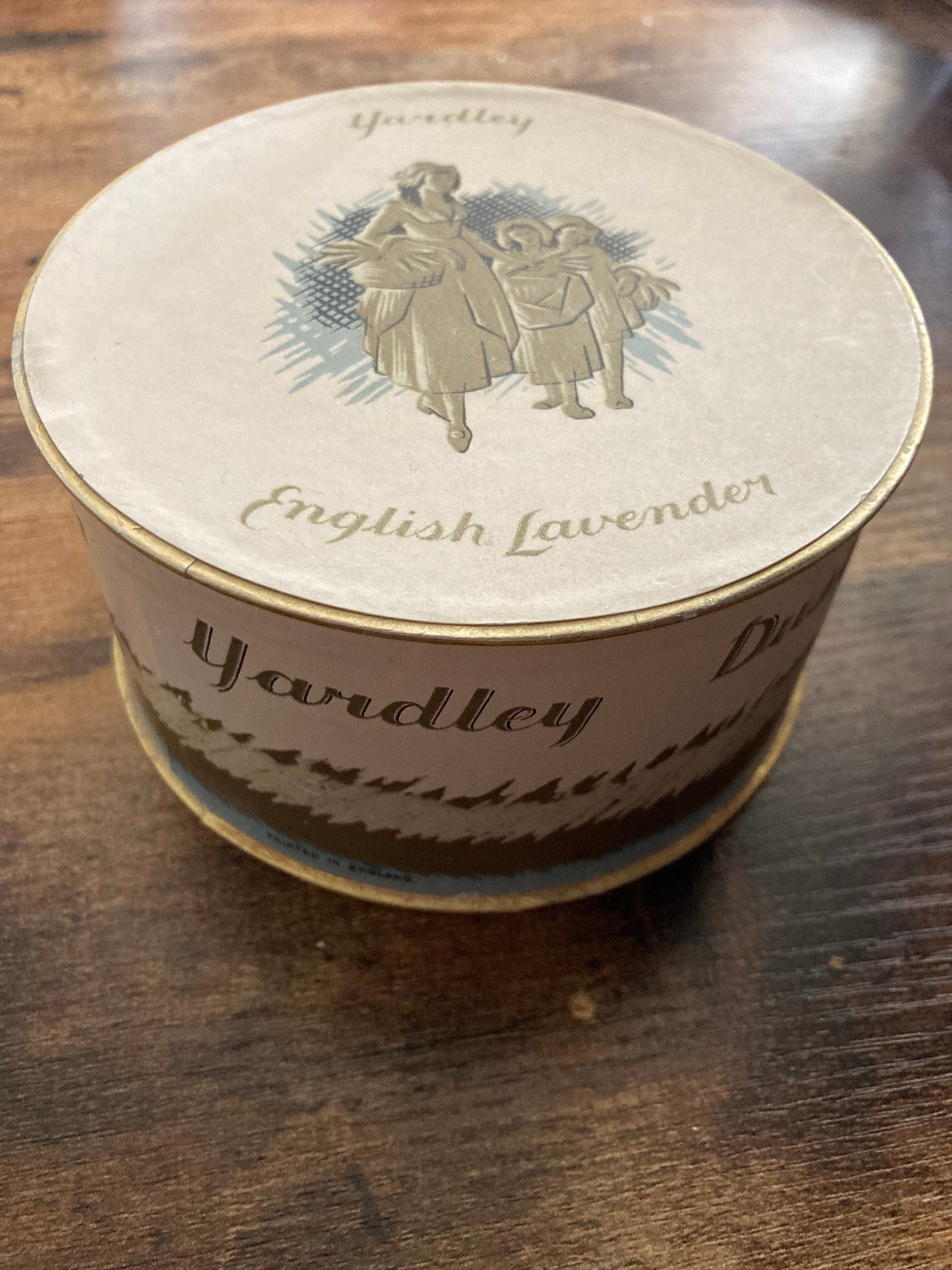 Vintage large round box of Yardley Dusting Powder English Lavender with puff