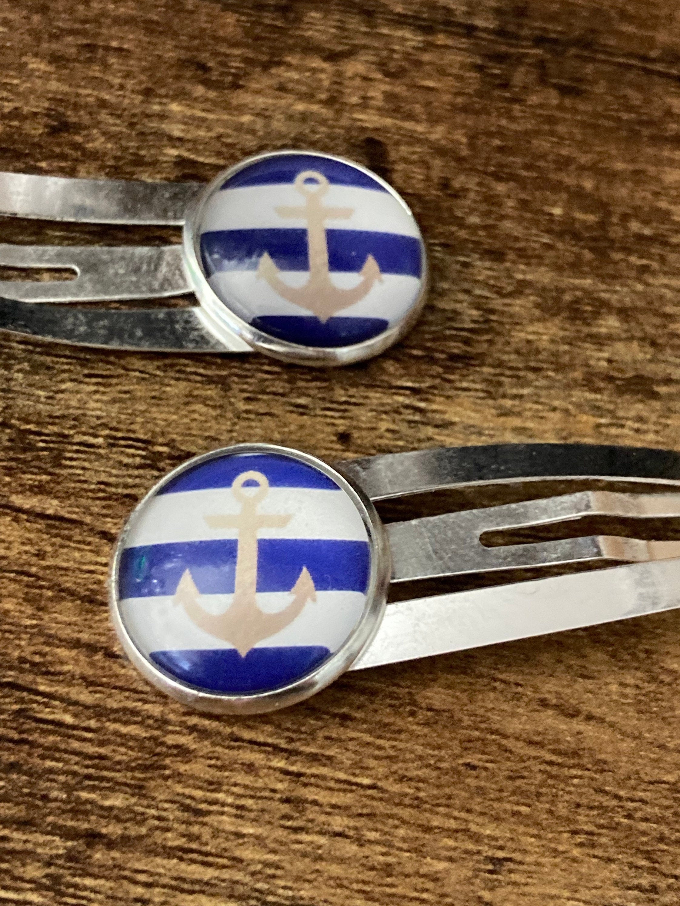 pair of Blue White Striped Anchor Nautical snap hair clips