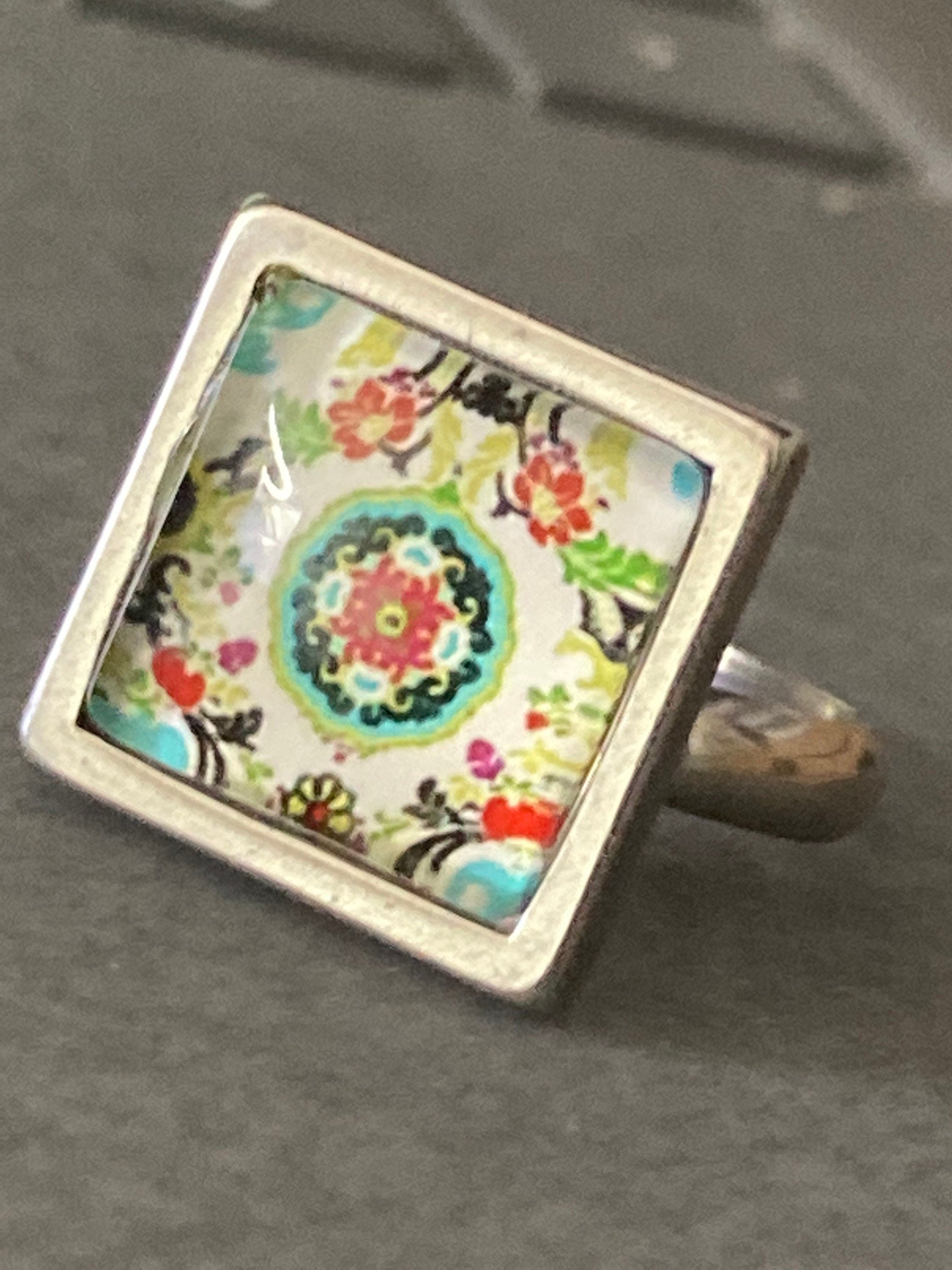 Handmade stainless steel square glass tile silver dress ring adjustable art nouveau