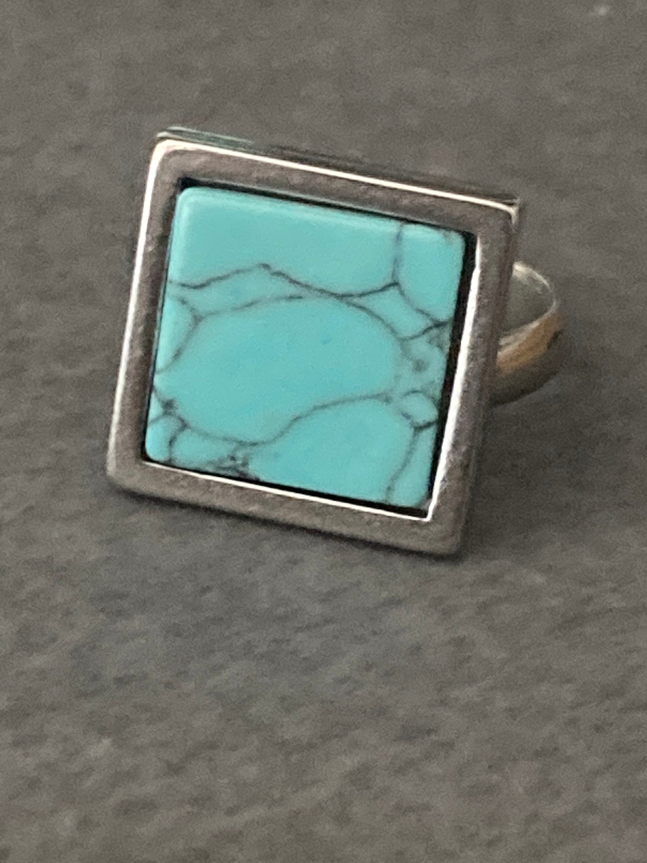 square turquoise blue marble stone tile silver dress ring adjustable size