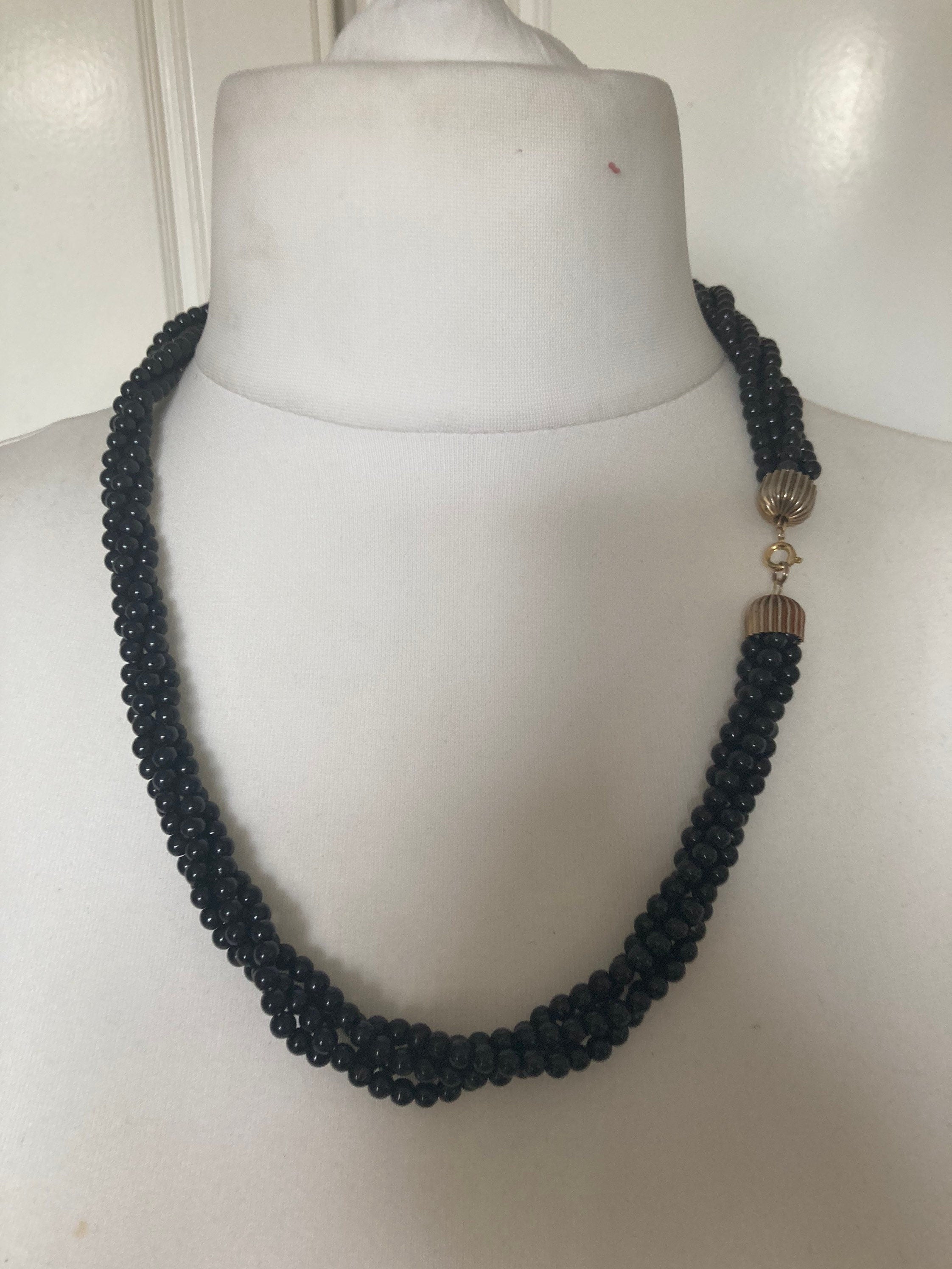 Vintage black plastic beaded twisted multi strand choker necklace