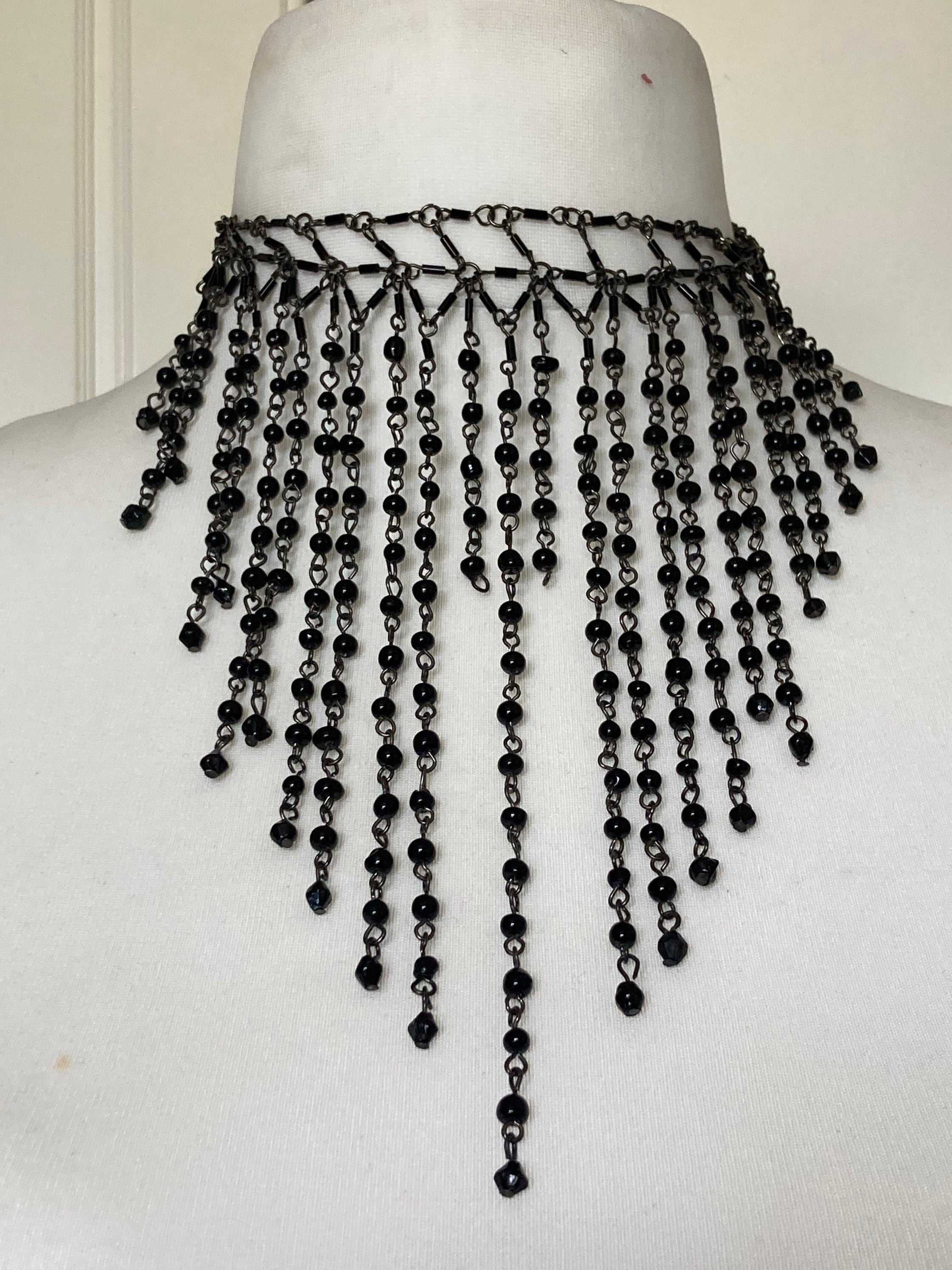 Signed Anton Heunis designer Vintage retro black beaded multi strand choker bib necklace