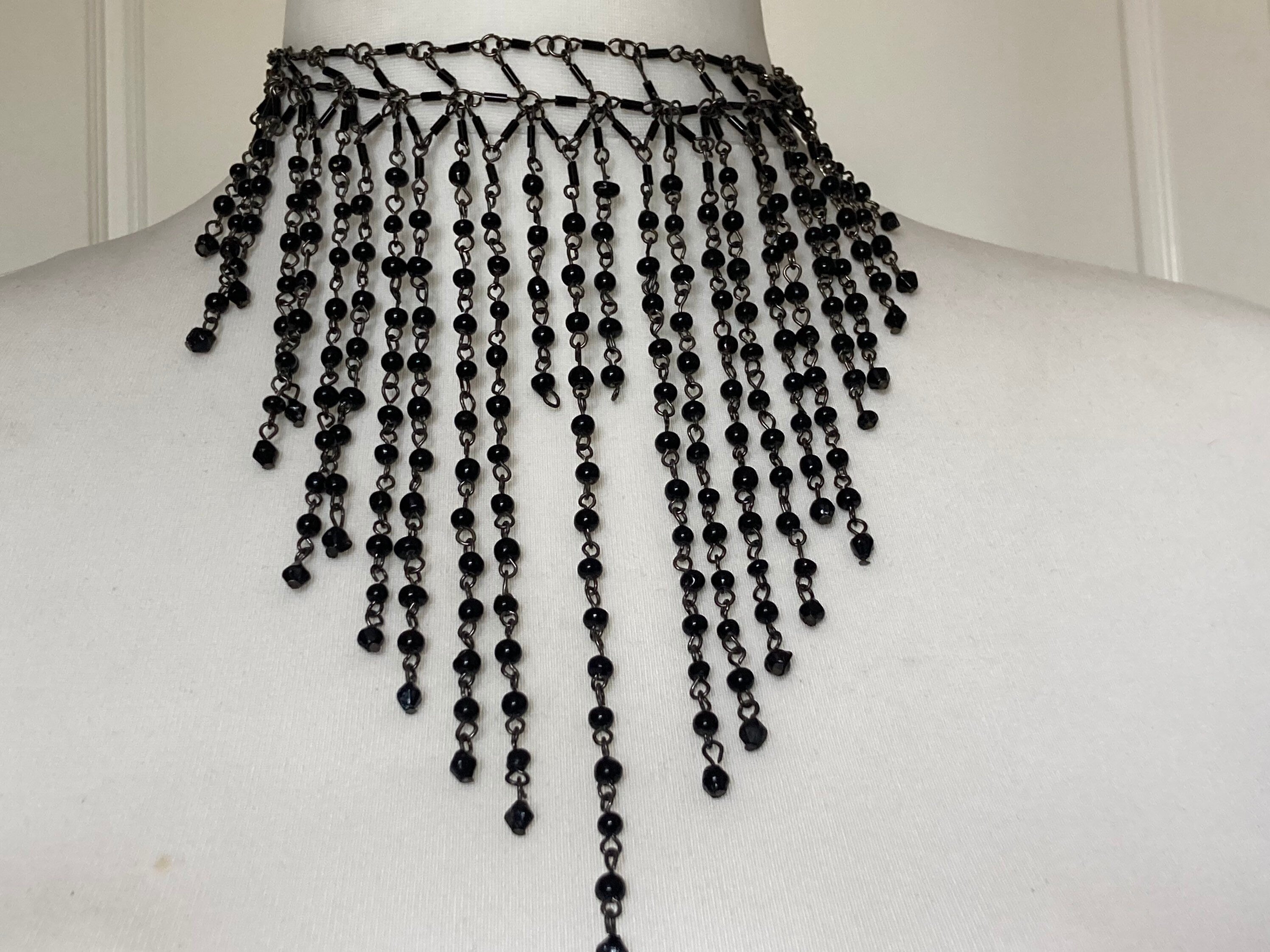 Signed Anton Heunis designer Vintage retro black beaded multi strand choker bib necklace