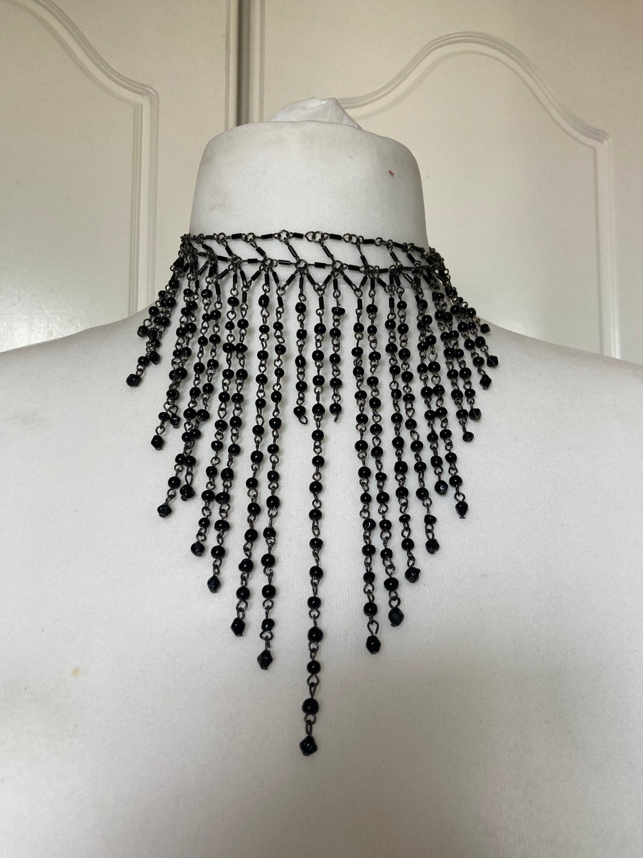 Signed Anton Heunis designer Vintage retro black beaded multi strand choker bib necklace