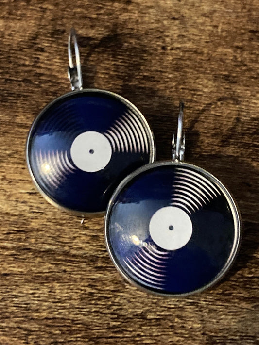 Large Vinyl record drop earrings 2.5cm Retro style Black white