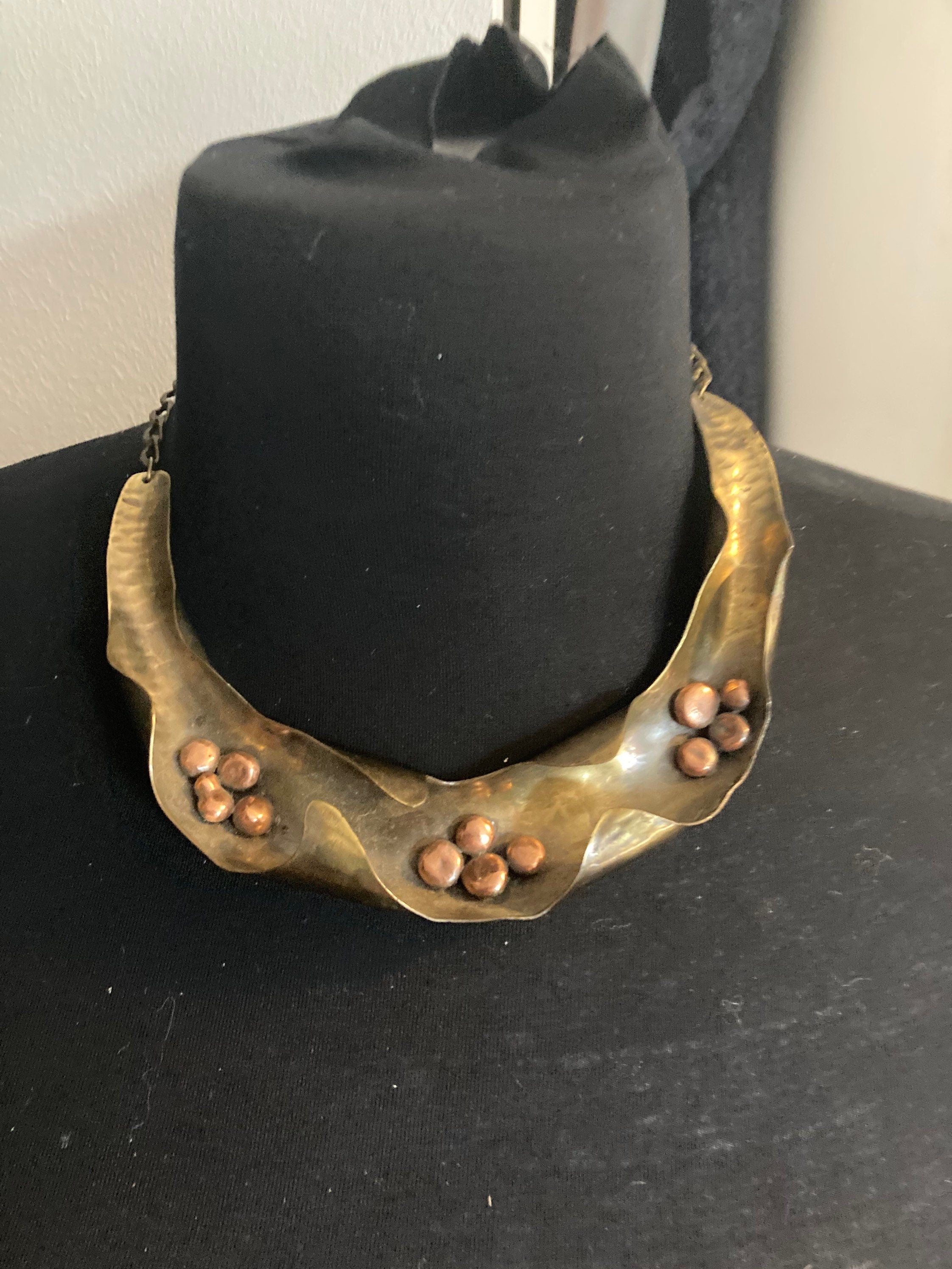 Vintage wide copper brass artisan choker necklace