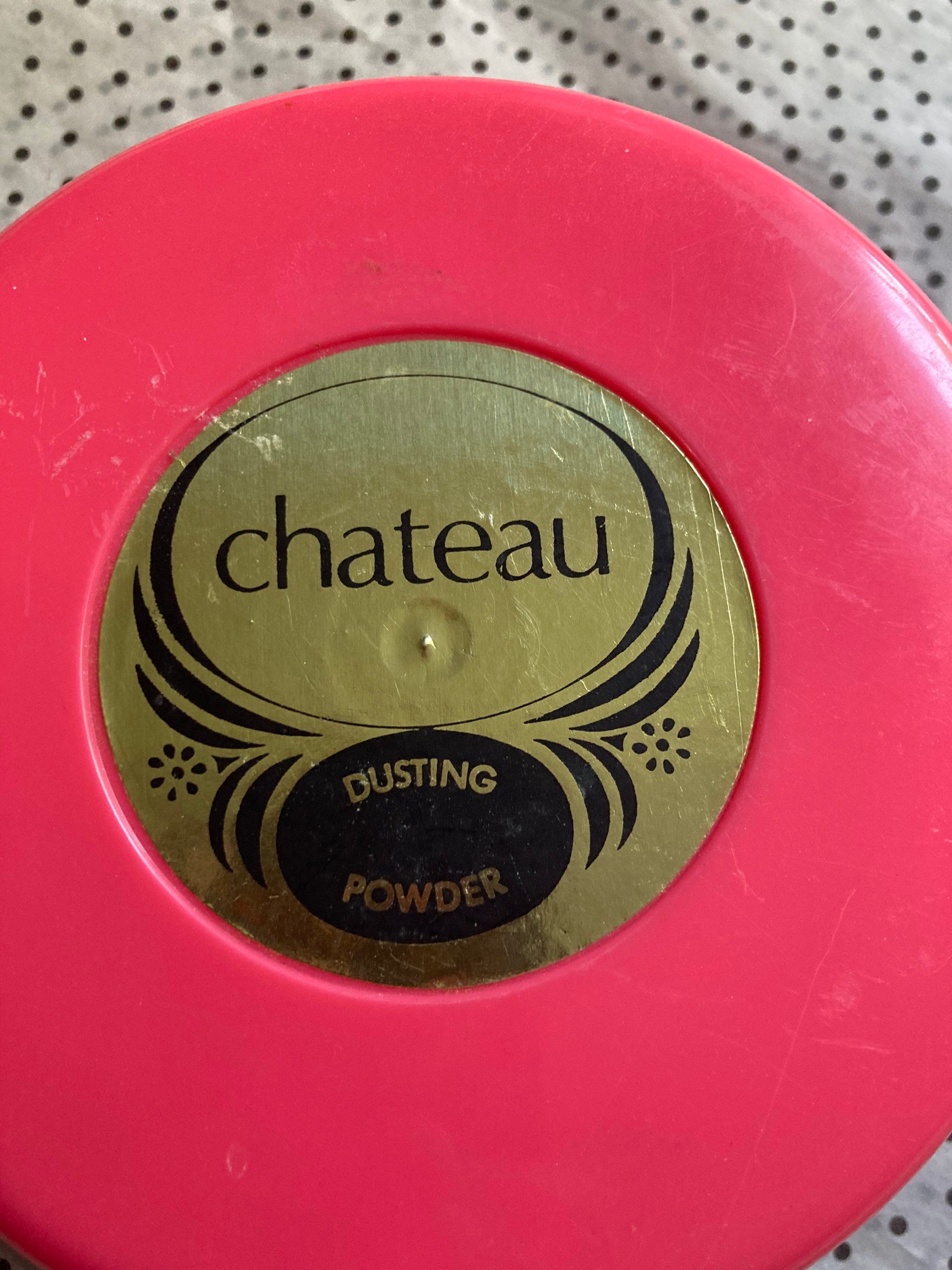 Xl Vintage large round pink large box of CHATEAU Dusting Powder with puff