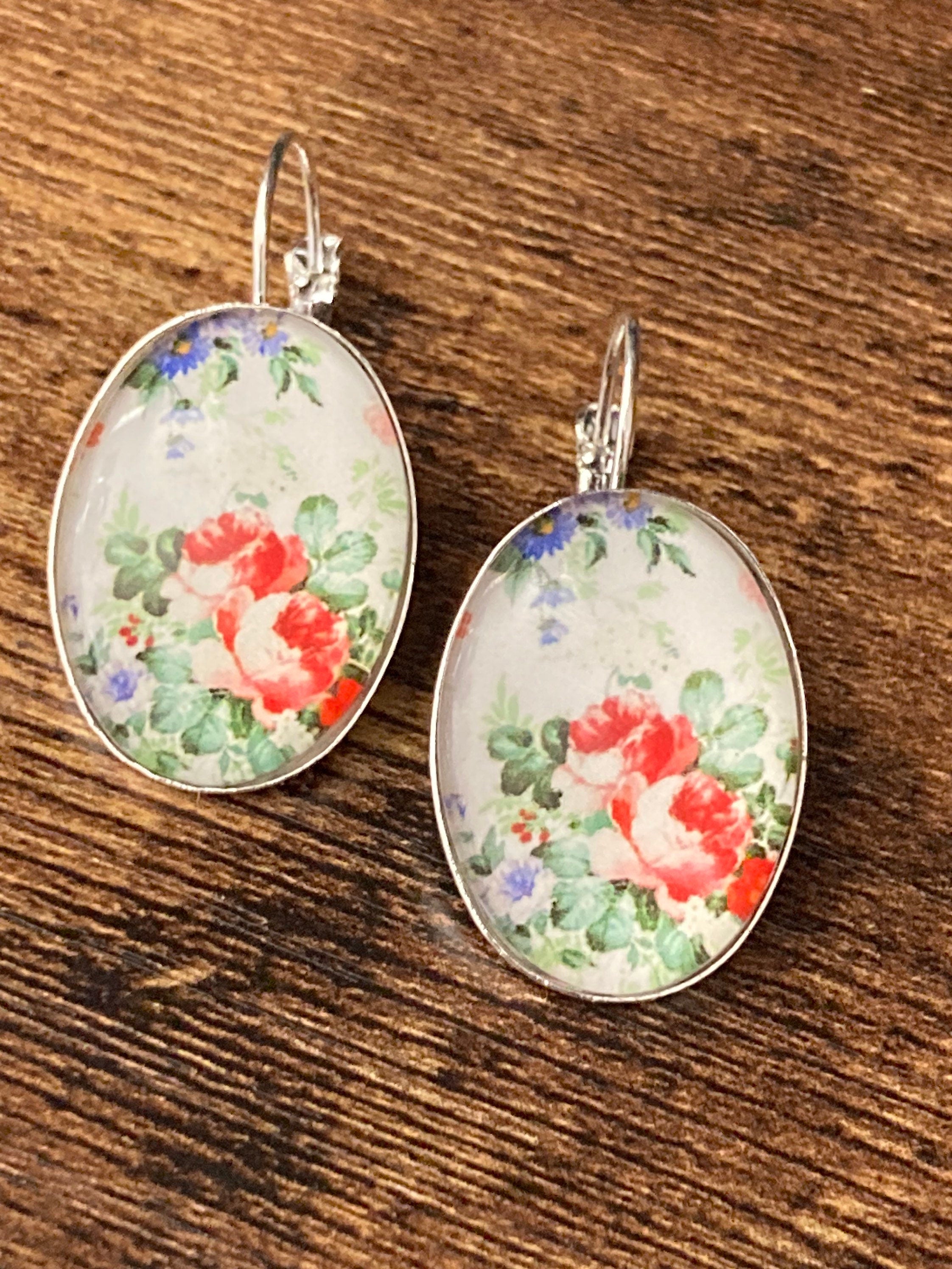 Soft Pink red rose earrings Spring garden flowers oval glass cabochon silver tone drops