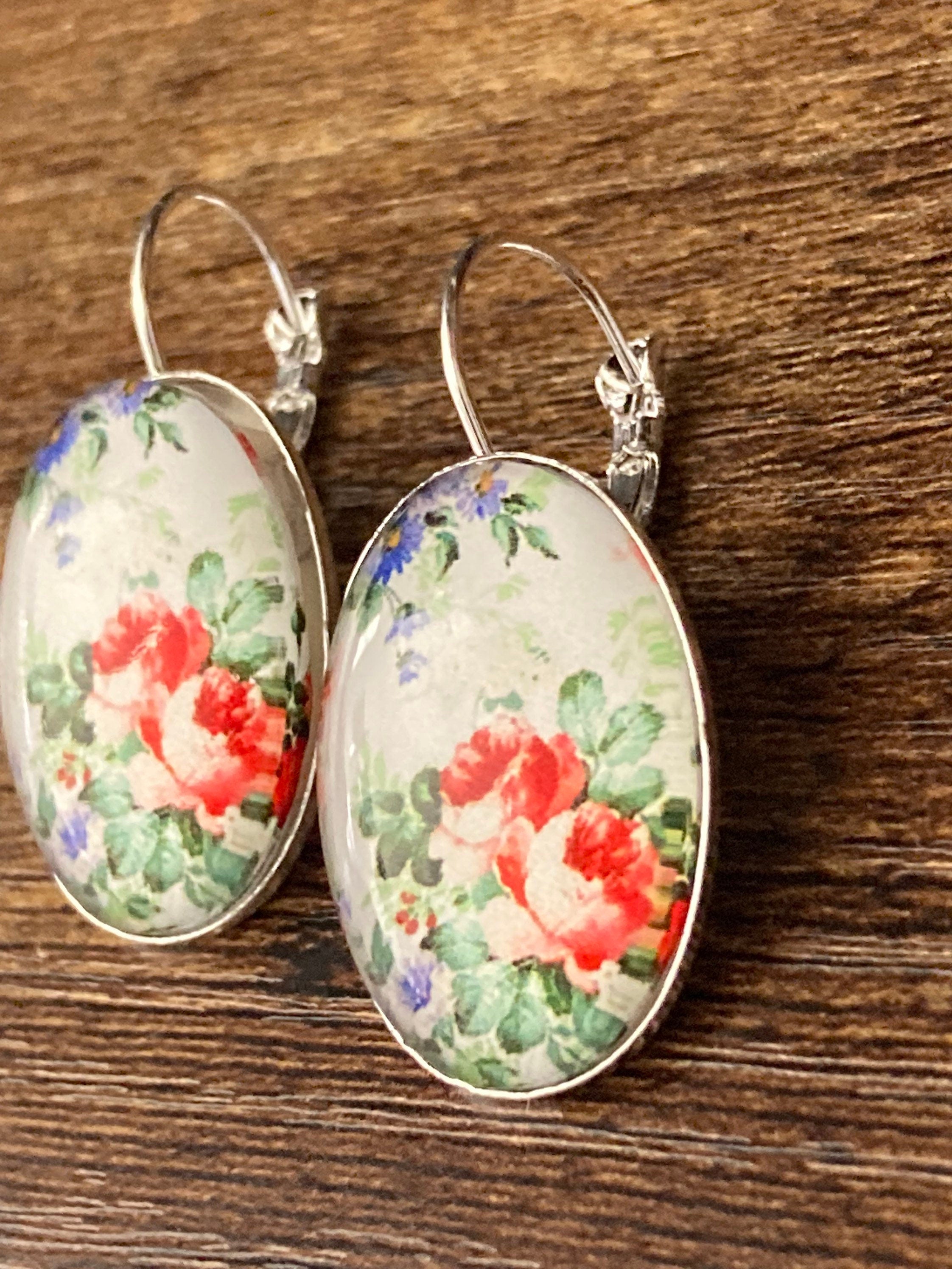 Soft Pink red rose earrings Spring garden flowers oval glass cabochon silver tone drops