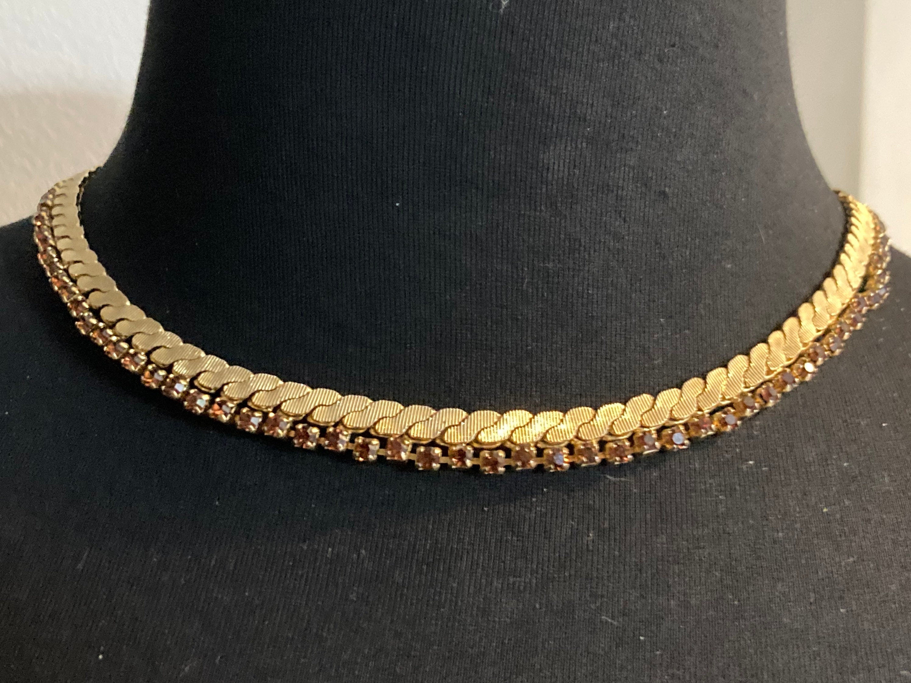 cognac brown diamante woven choker necklace Vintage mid century gold plated