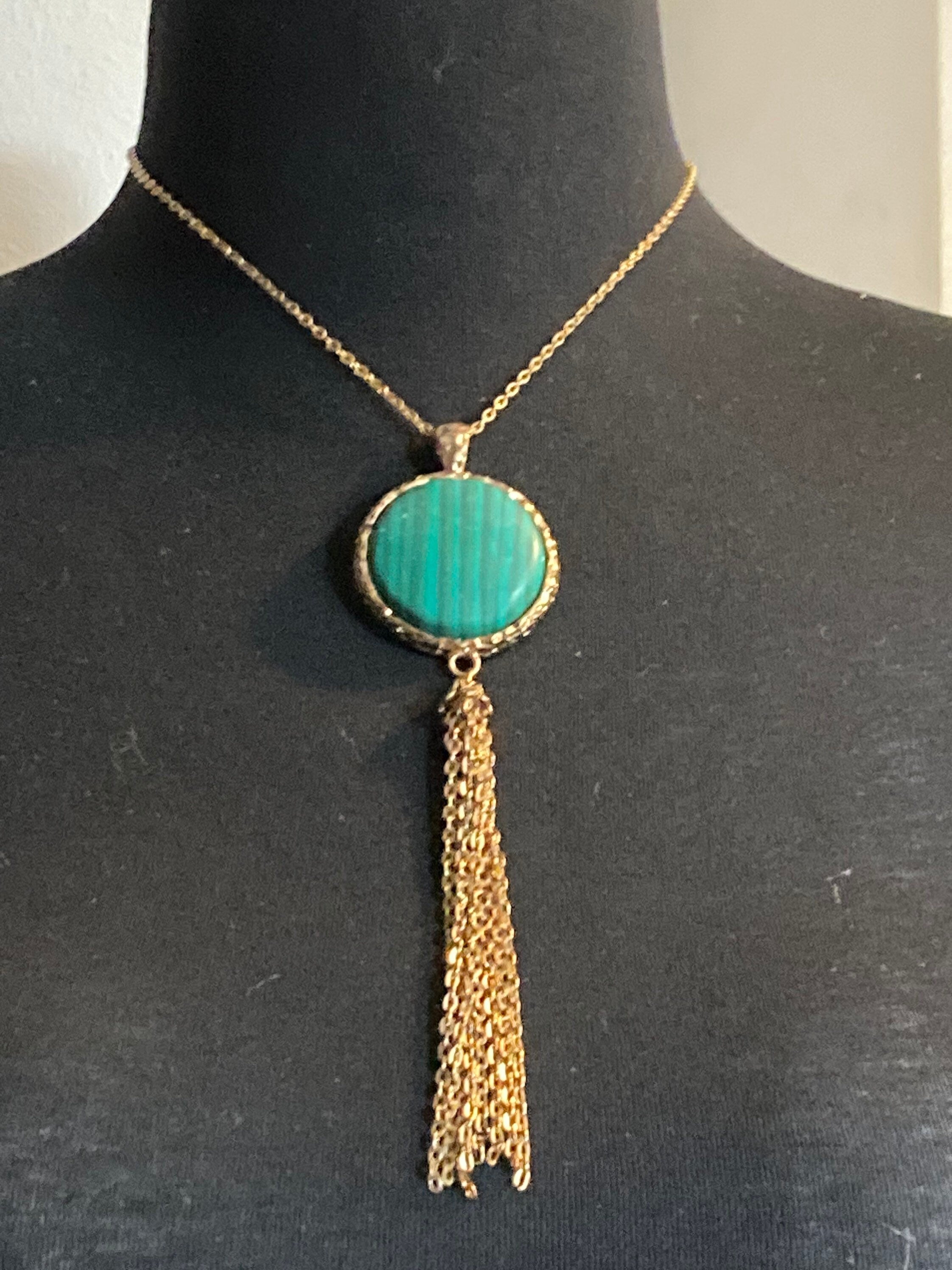 faux malachite round large plastic cabochon tassel chain pendant necklace gold tone