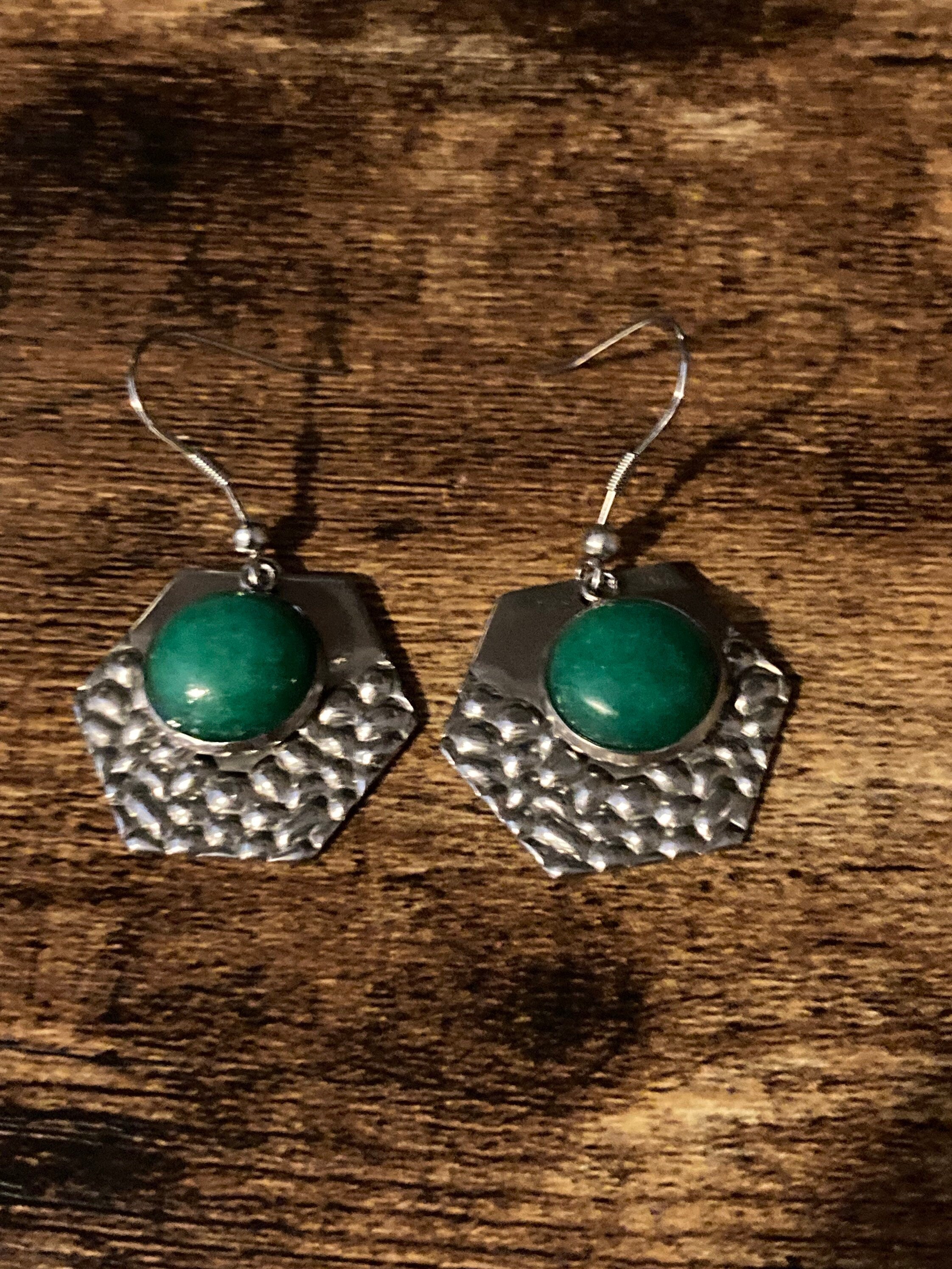 Green gemstone dangly earrings stainless steel planished metal hexagon drops