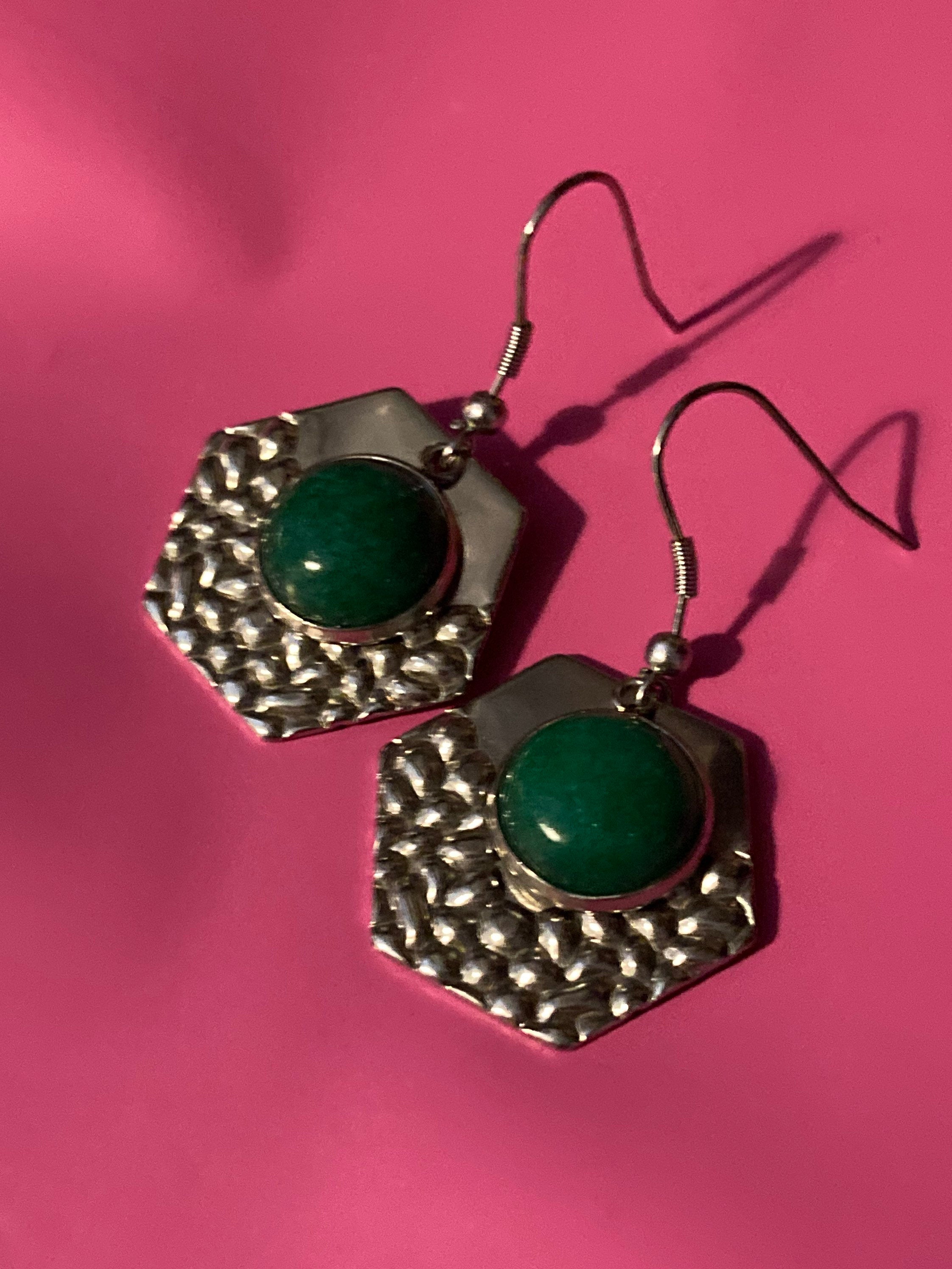 Green gemstone dangly earrings stainless steel planished metal hexagon drops