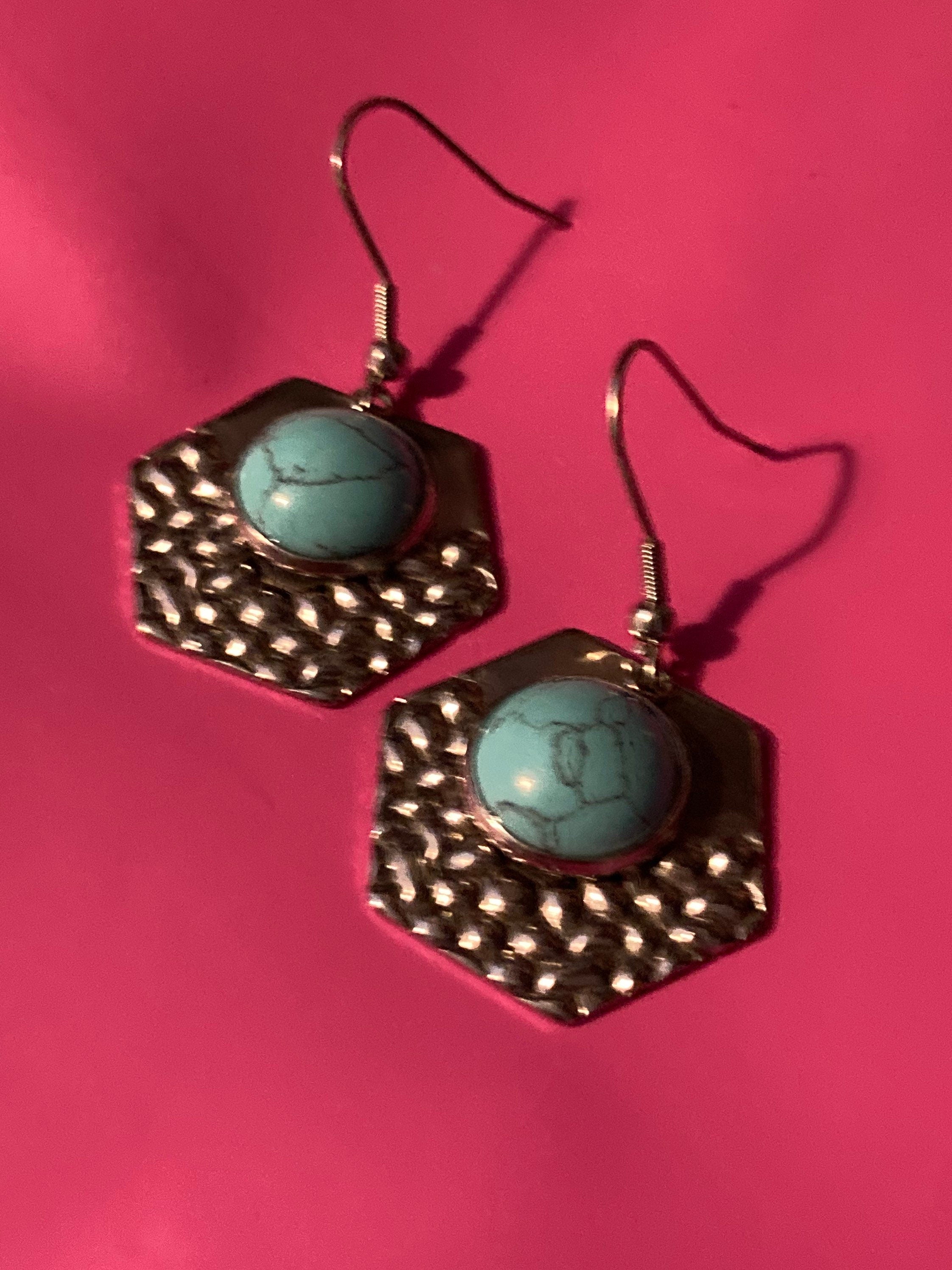 Turquoise blue gemstone dangly earrings stainless steel modernist planished metal