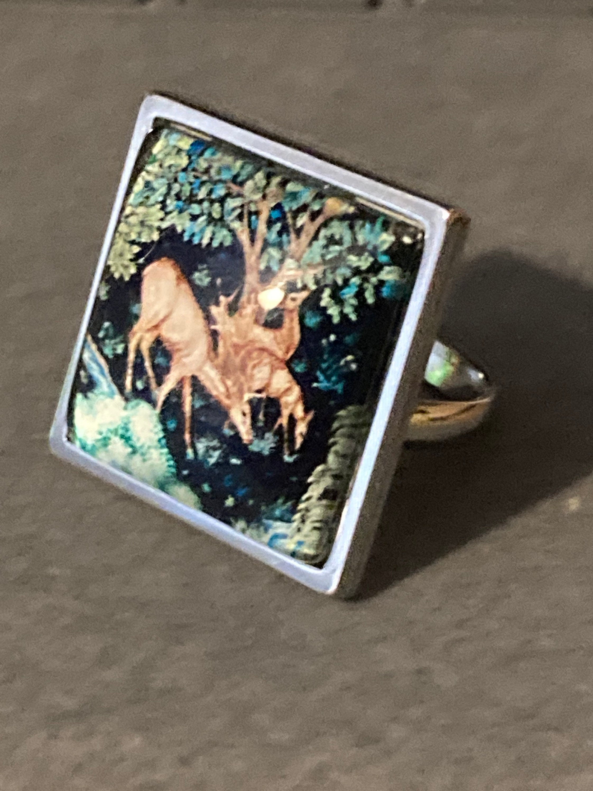 William Morris print ring Forest deer design 2cm square glass adjustable size N O P Q R S