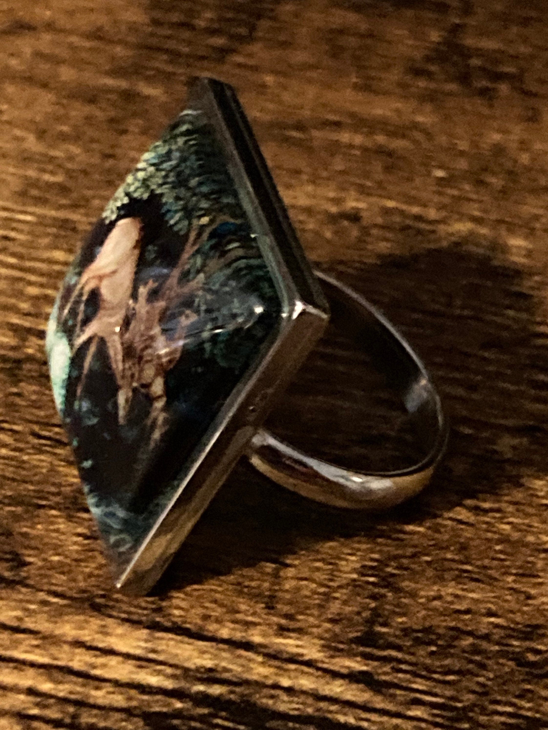 William Morris print ring Forest deer design 2cm square glass adjustable size N O P Q R S