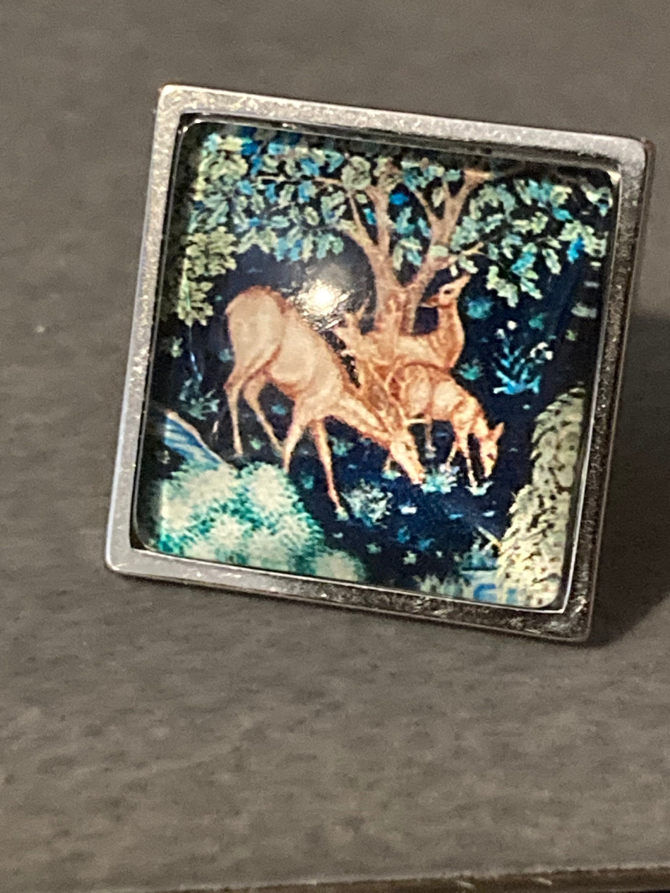 William Morris print ring Forest deer design 2cm square glass adjustable size N O P Q R S