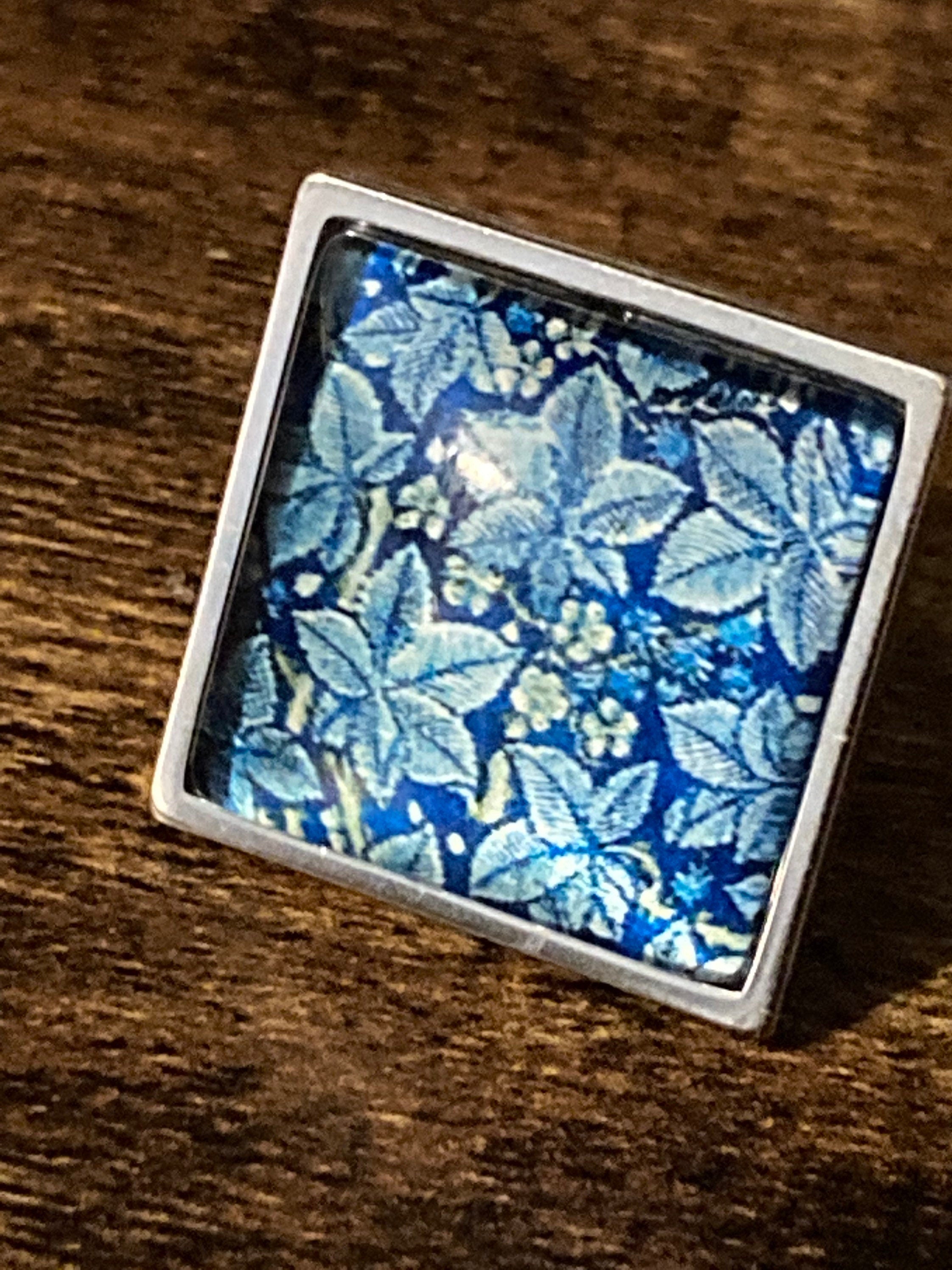 William Morris ring blue Bramble ivy design adjustable size N O P Q R S