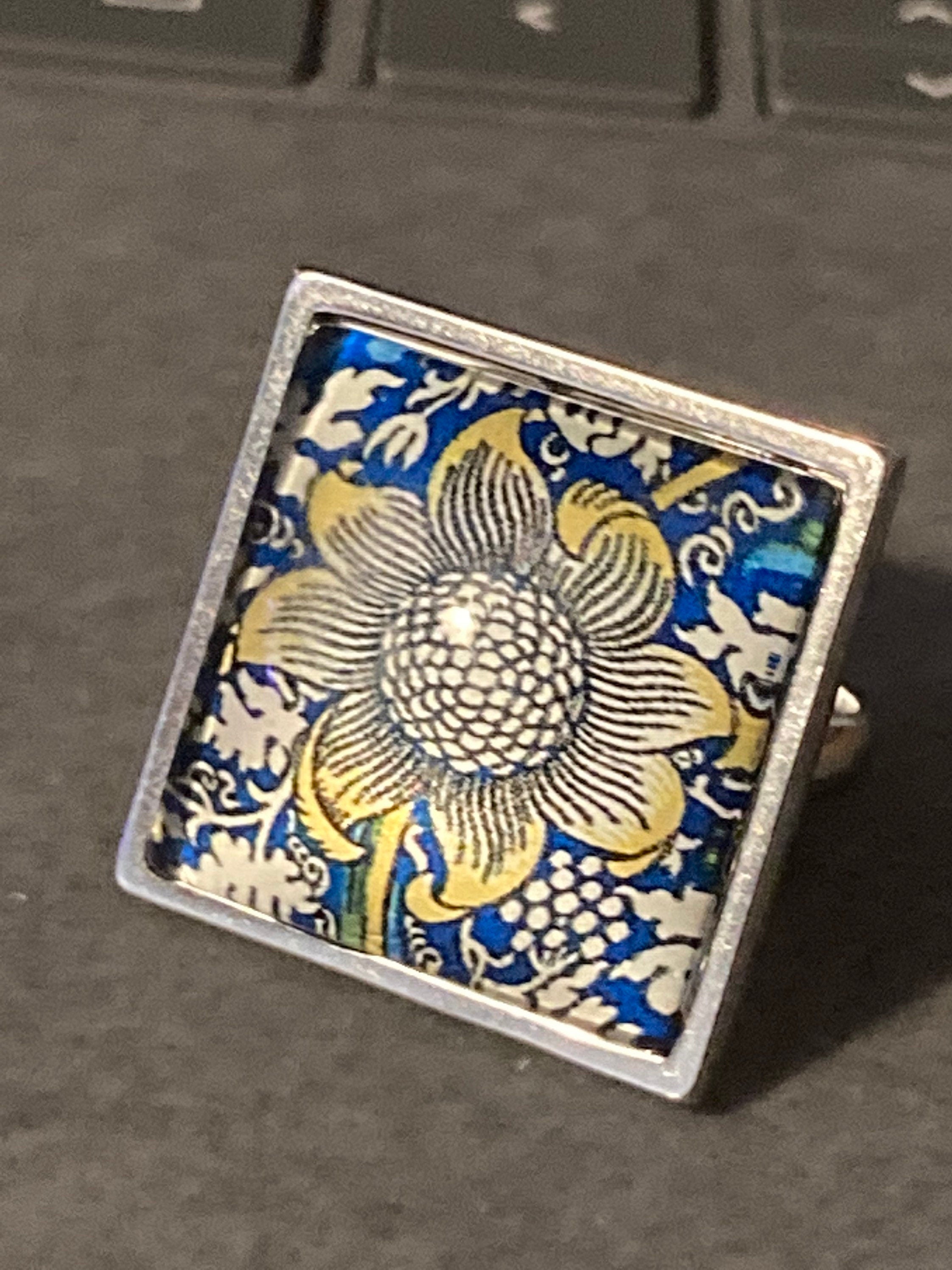 William Morris ring blue Sunflower design square glass cabochon adjustable size N O P Q R S