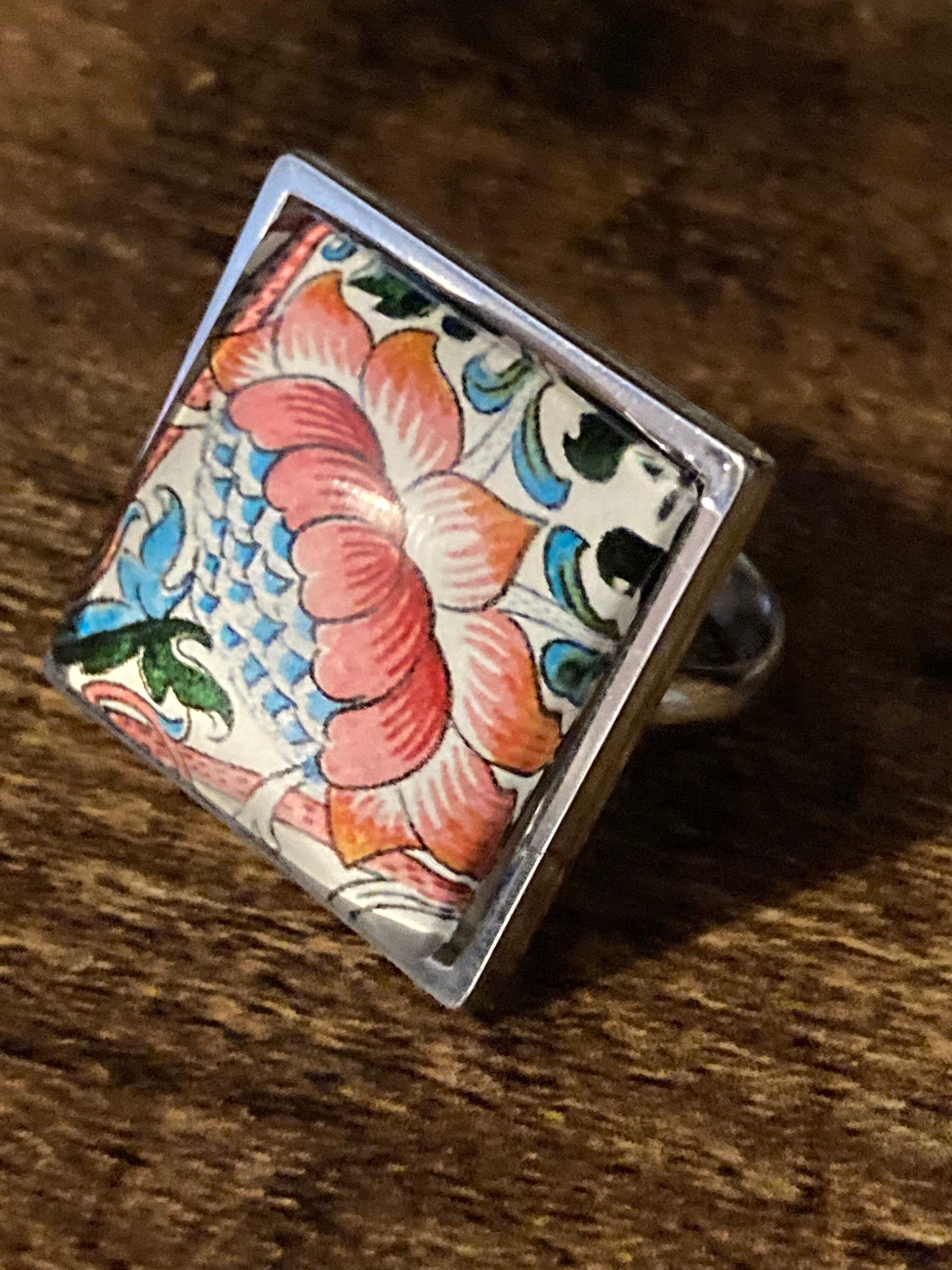 William Morris ring adjustable blue Orange cray design