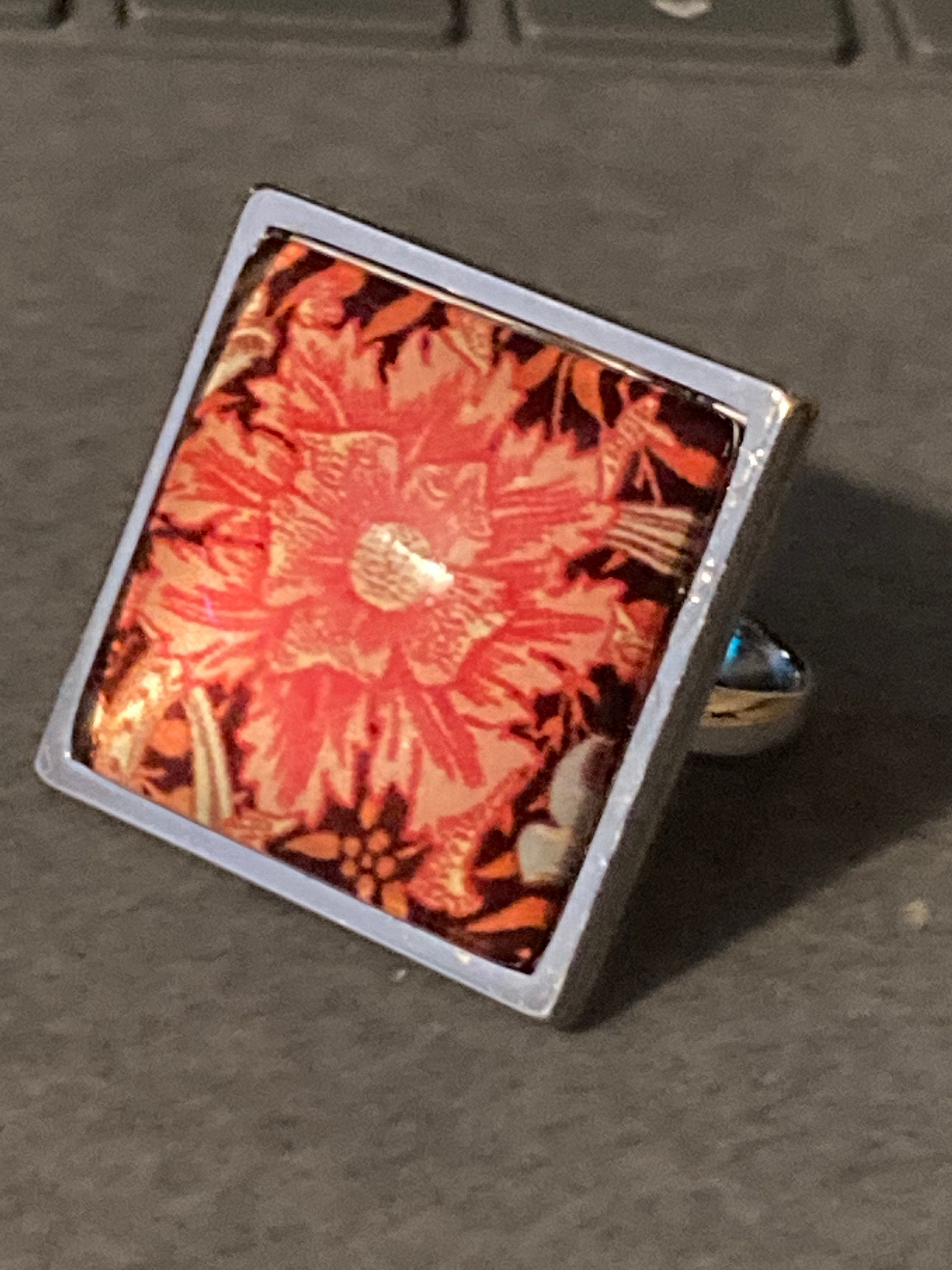 William Morris ring Orange marigold design adjustable Chunky silver tone