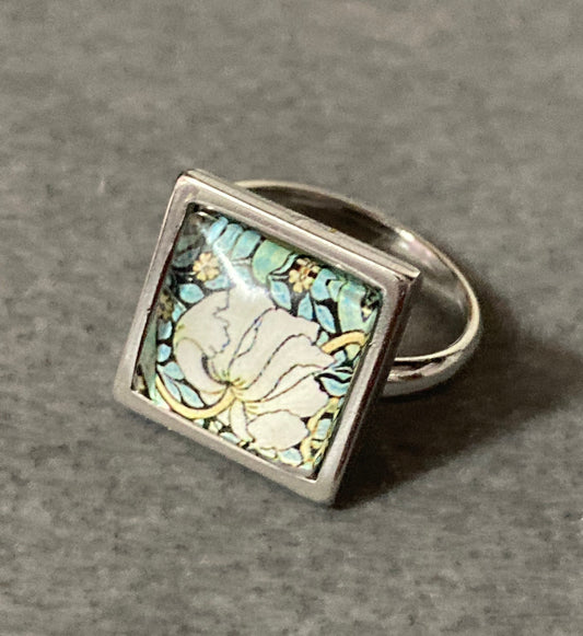 art nouveau style floral ring 12.5mm stainless steel square tile glass cabochon adjustable size