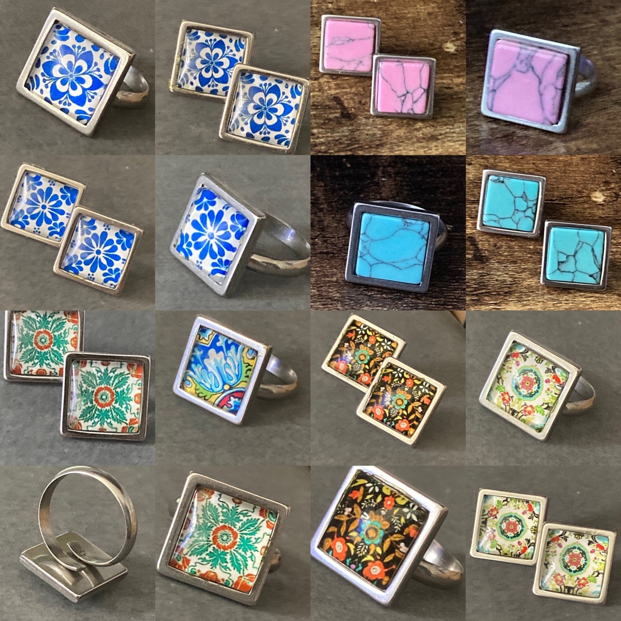 William morris print earrings square glass tile blue floral flower silver stud