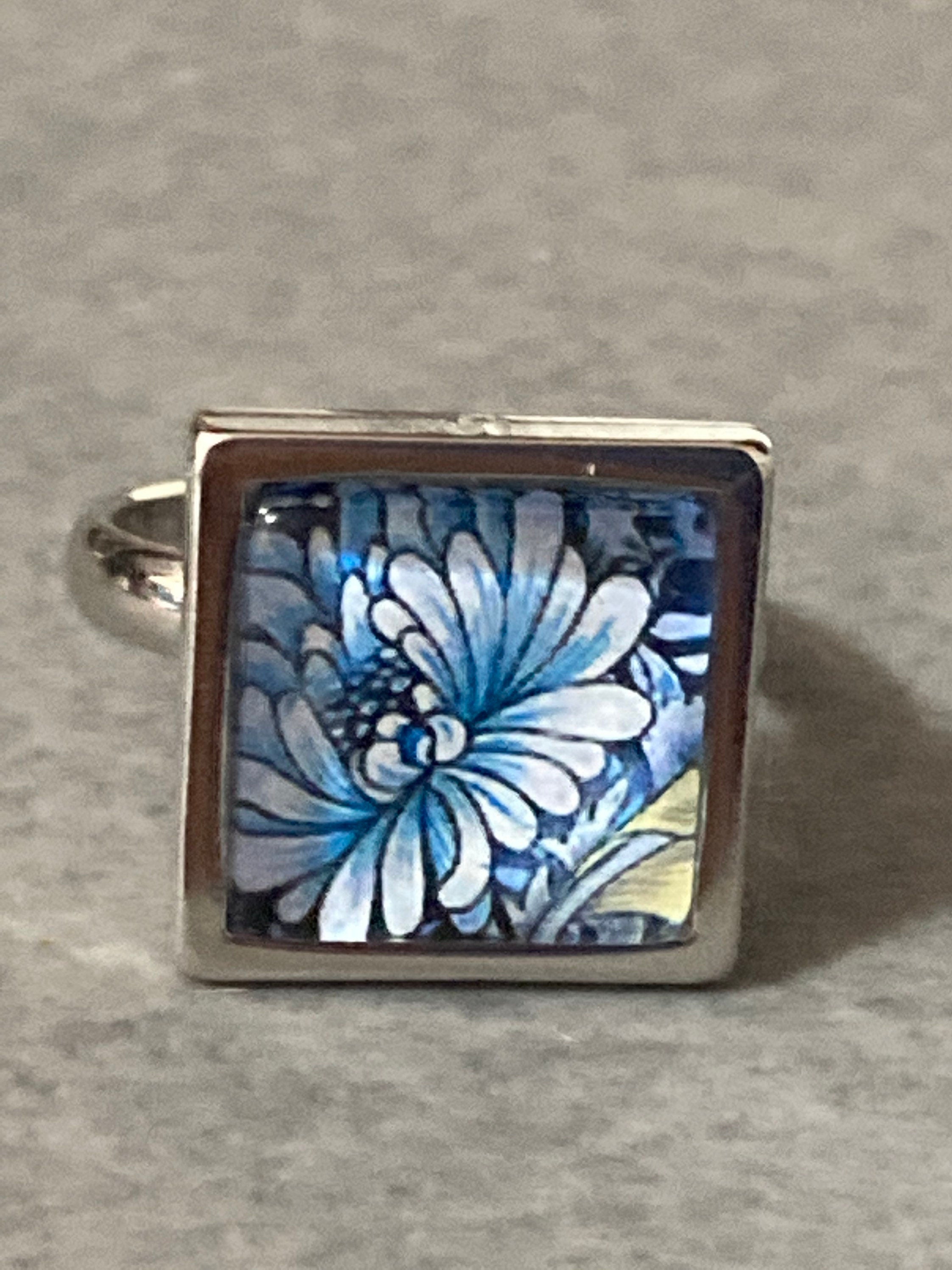 William morris print ring stainless steel blue floral square glass adj size N O P Q R S