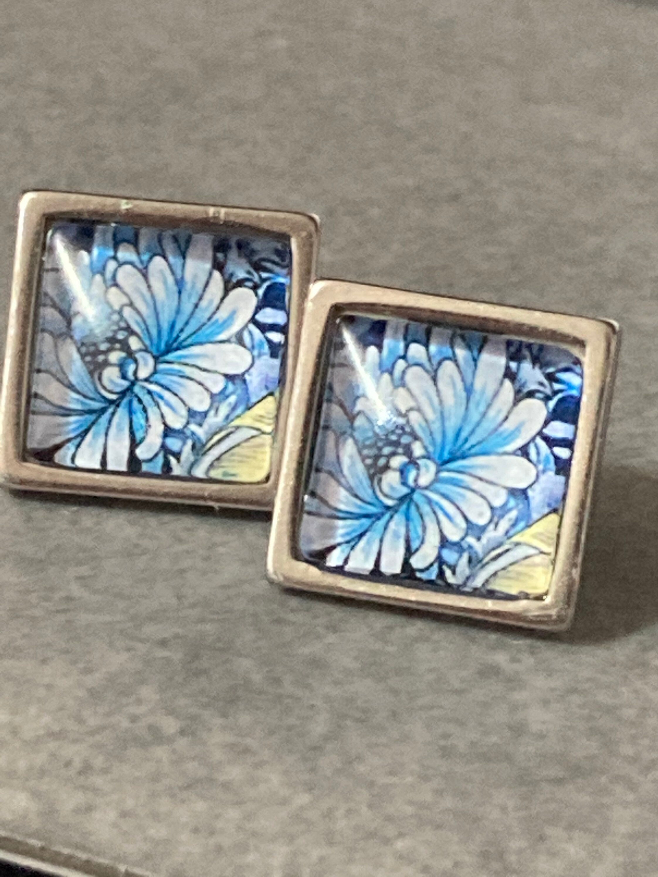 William morris print earrings square glass tile blue floral flower silver stud