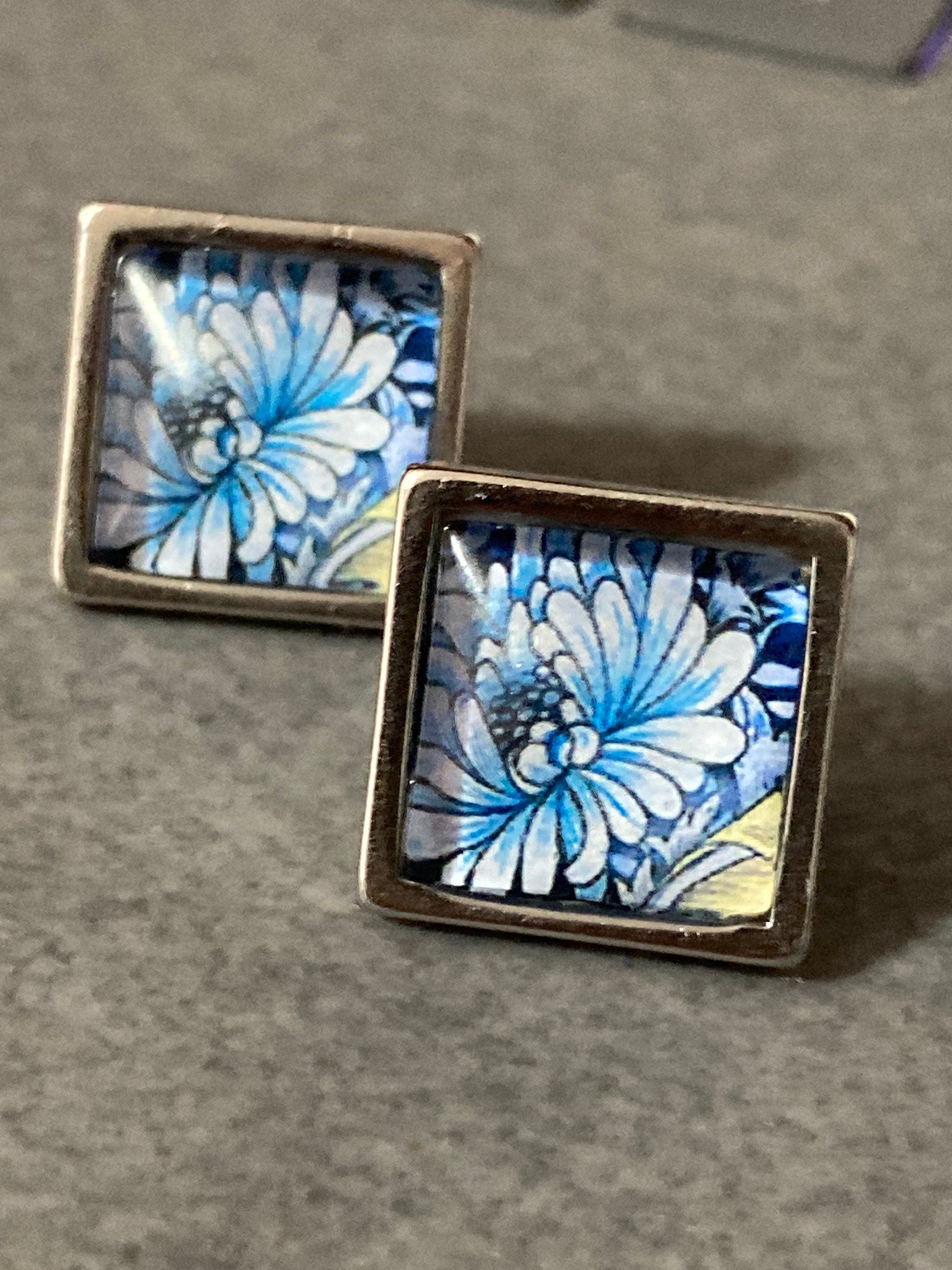 William morris print earrings square glass tile blue floral flower silver stud