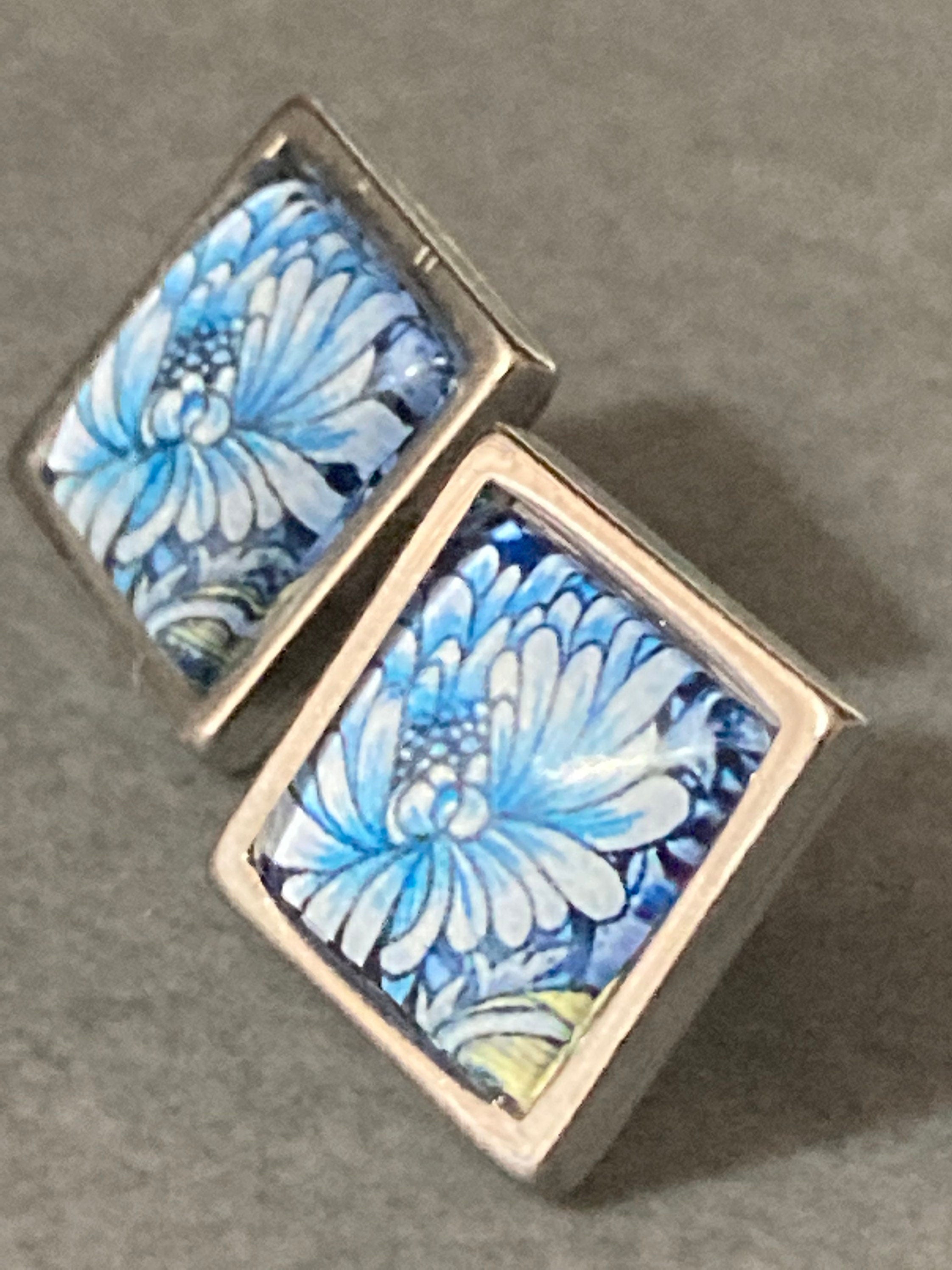 William morris print earrings square glass tile blue floral flower silver stud