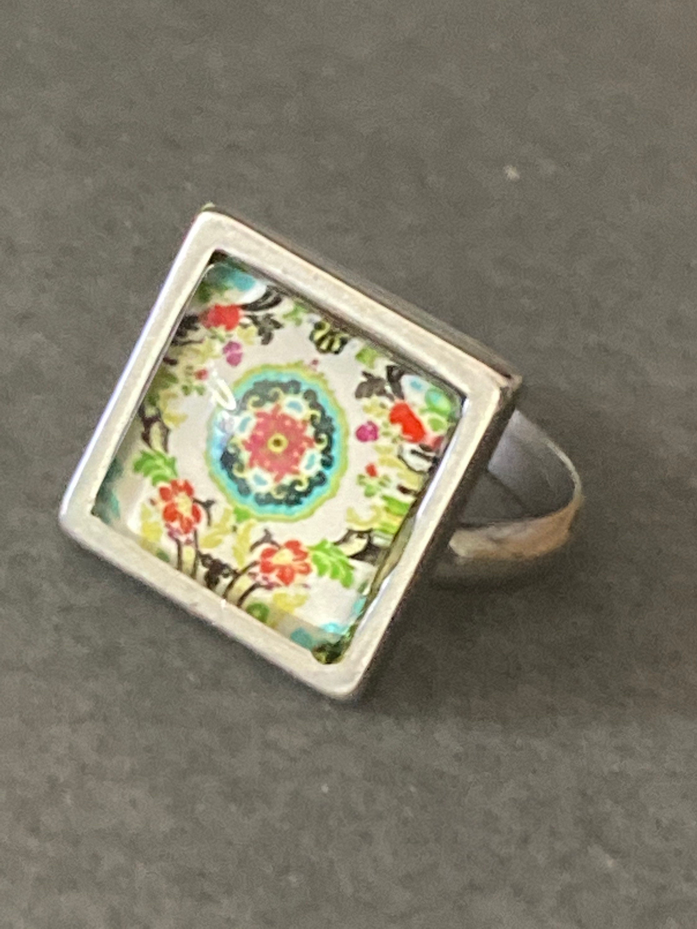 Handmade stainless steel square glass tile silver dress ring adjustable art nouveau