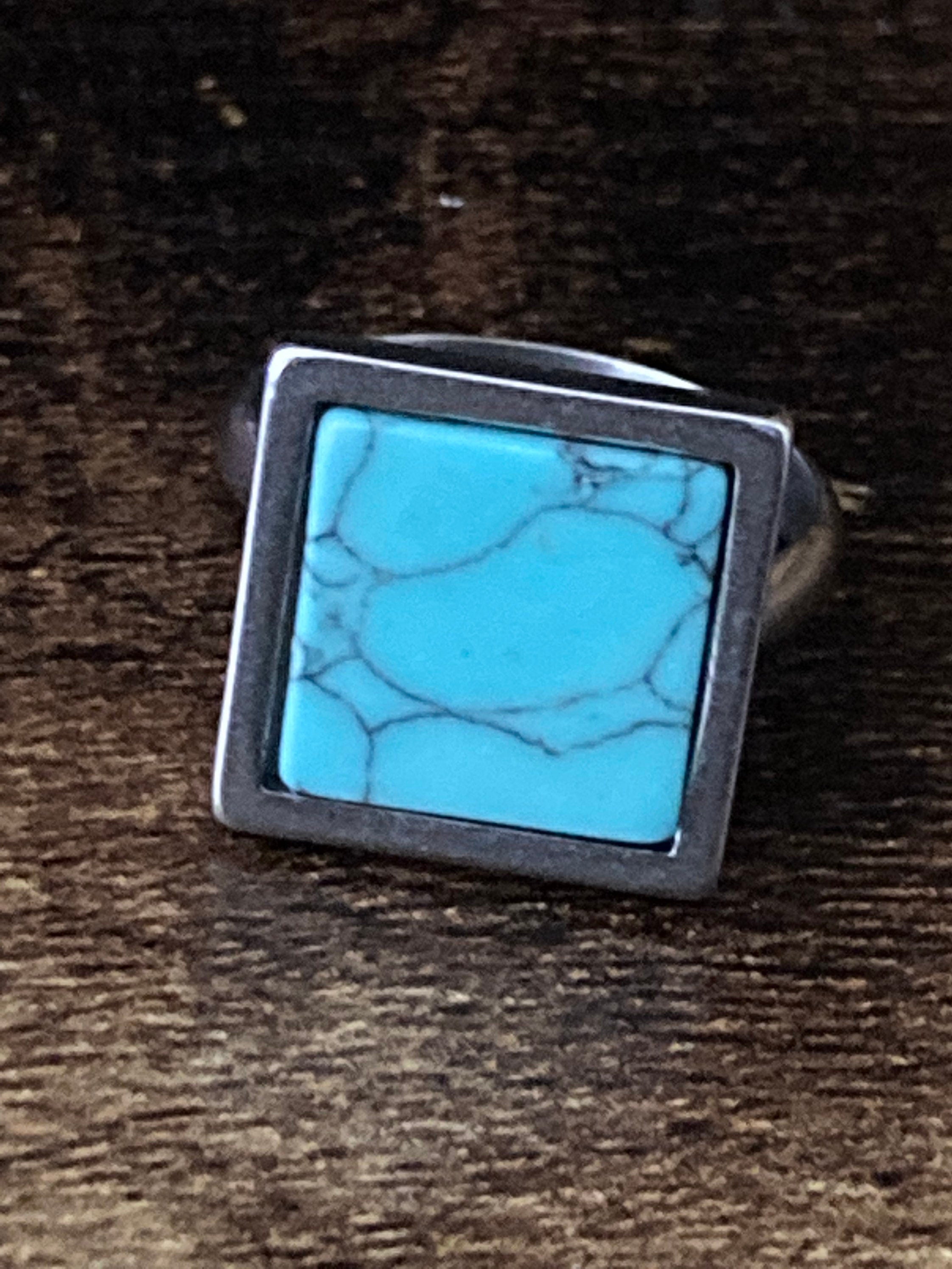 square turquoise blue marble stone tile silver dress ring adjustable size