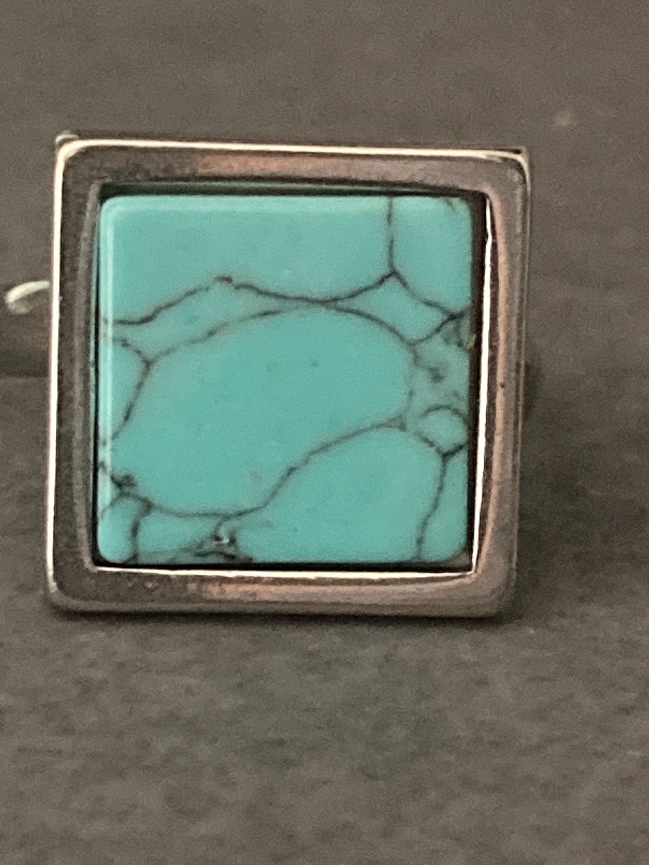 square turquoise blue marble stone tile silver dress ring adjustable size