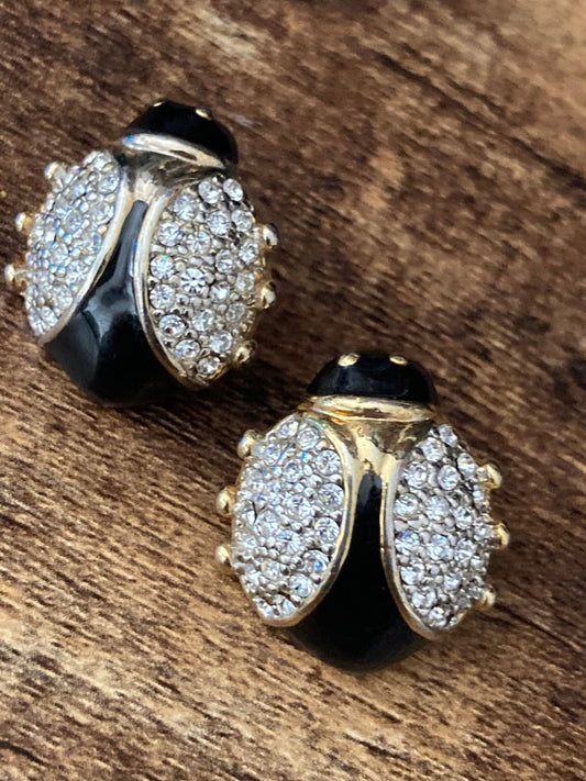 Signed Safara crystal ladybird stud earrings black enamel gold tone diamanté