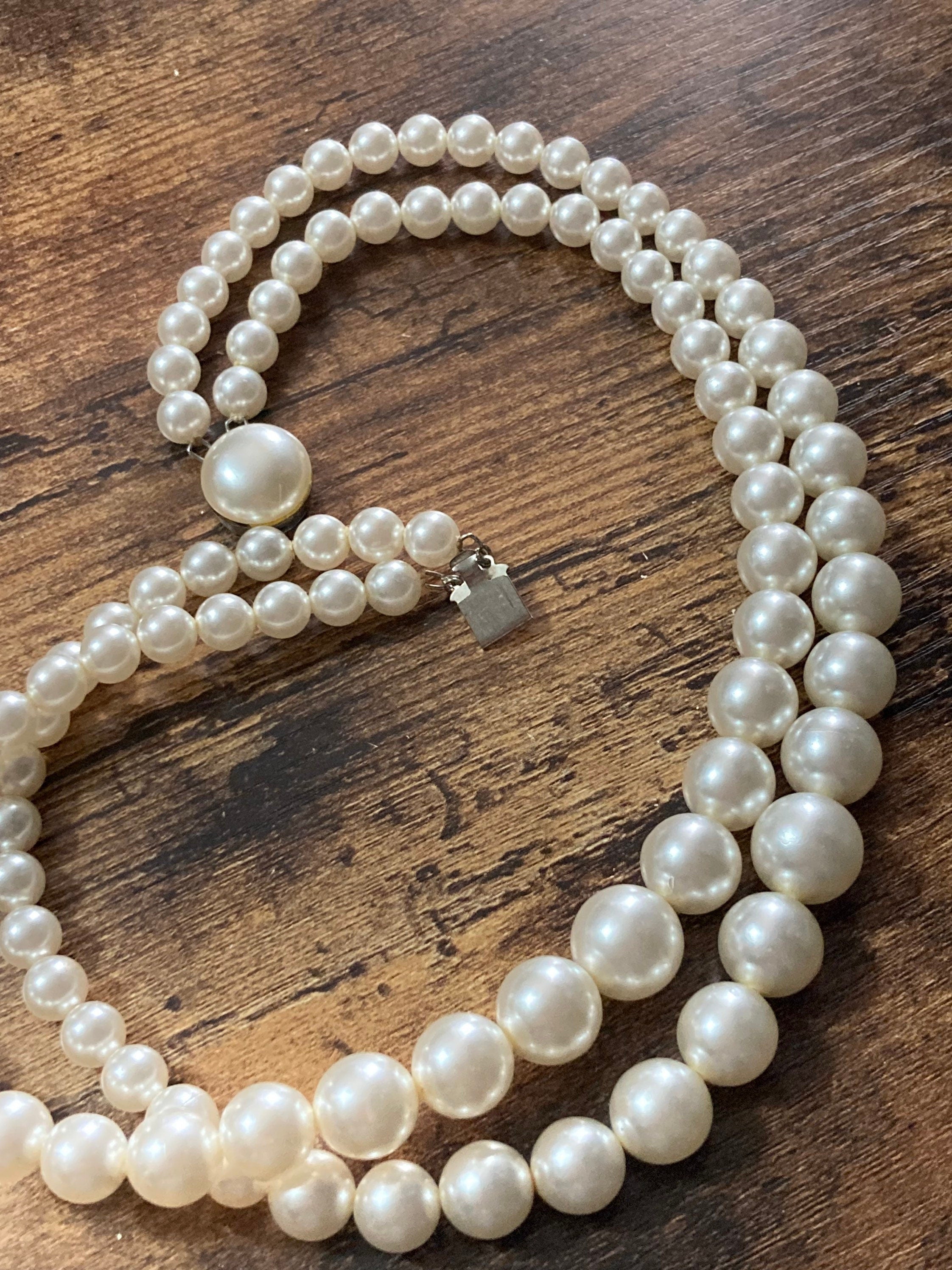 vintage faux plastic Pearl 2 row multi strand necklace adj to 44cm