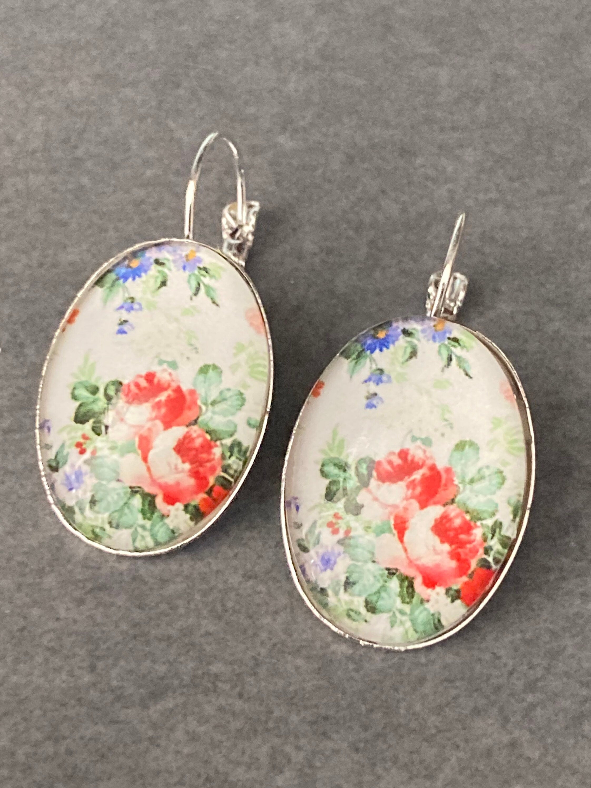 Soft Pink red rose earrings Spring garden flowers oval glass cabochon silver tone drops