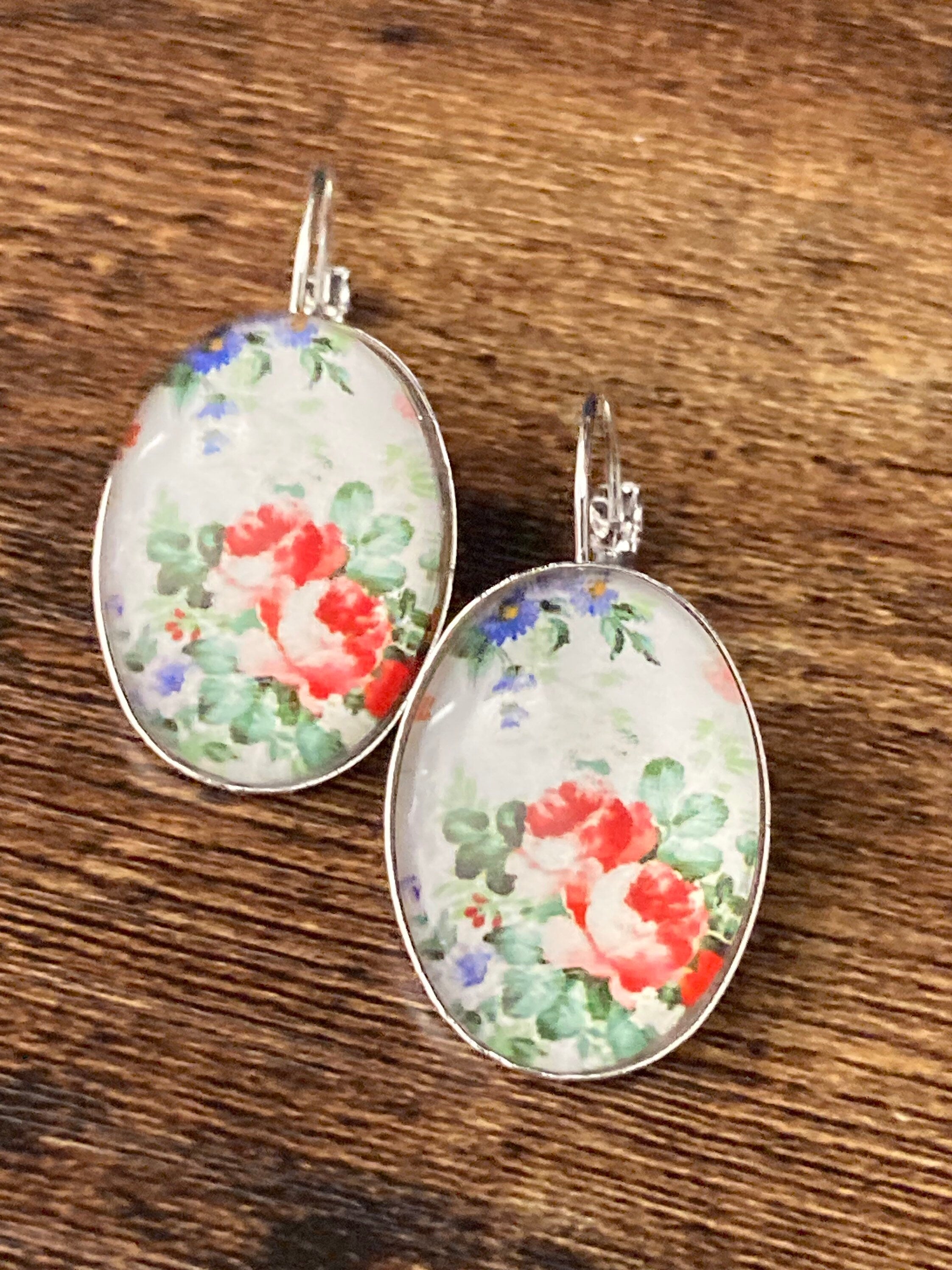 Soft Pink red rose earrings Spring garden flowers oval glass cabochon silver tone drops