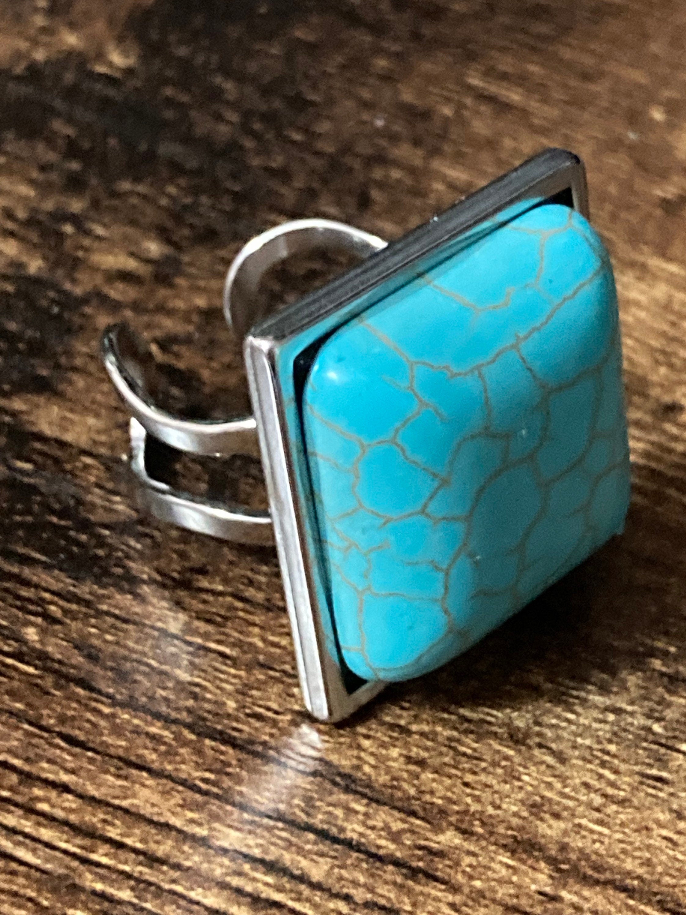 Oversized turquoise blue stone dress ring stainless steel square adjustable