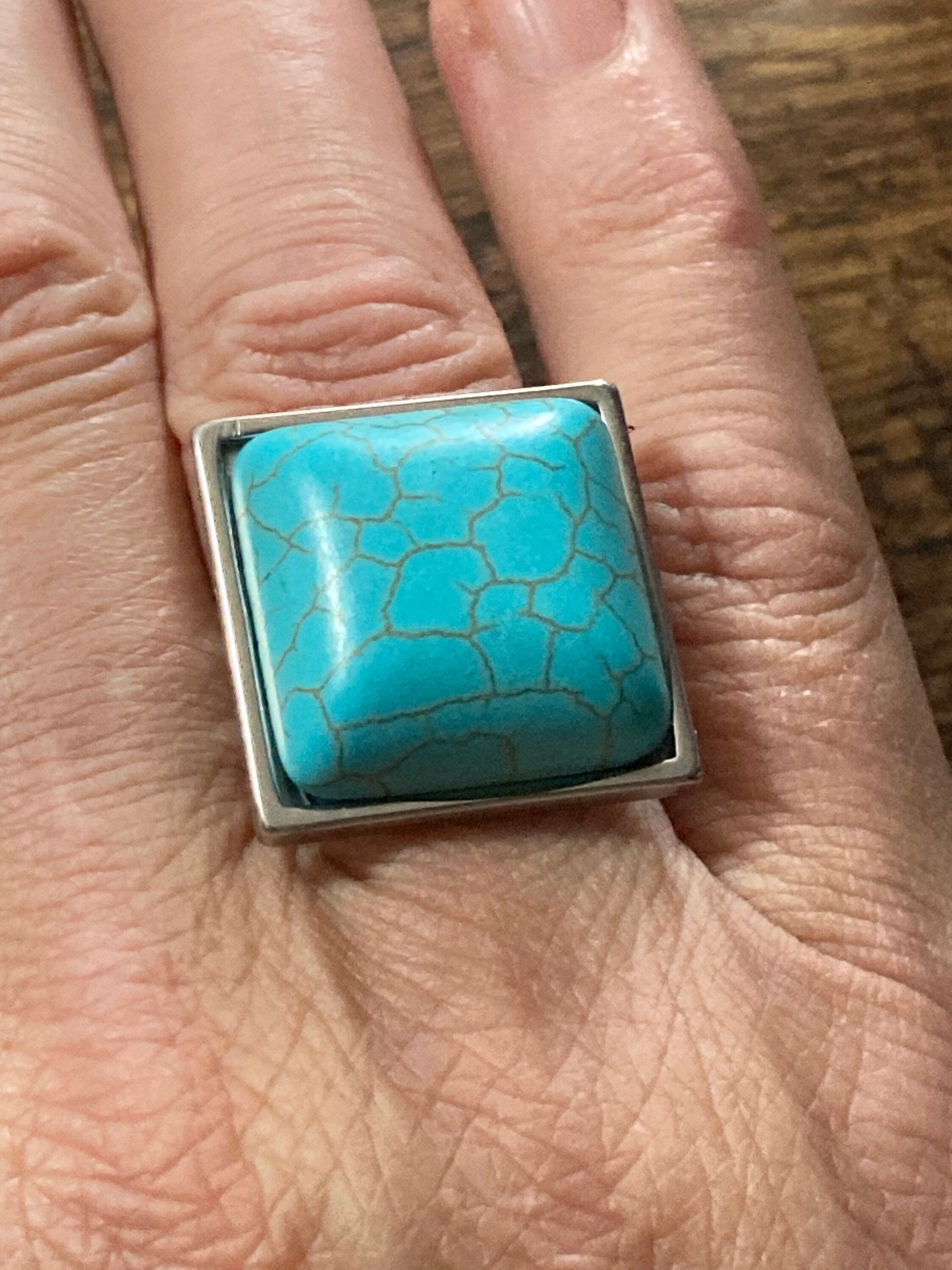 Oversized turquoise blue stone dress ring stainless steel square adjustable