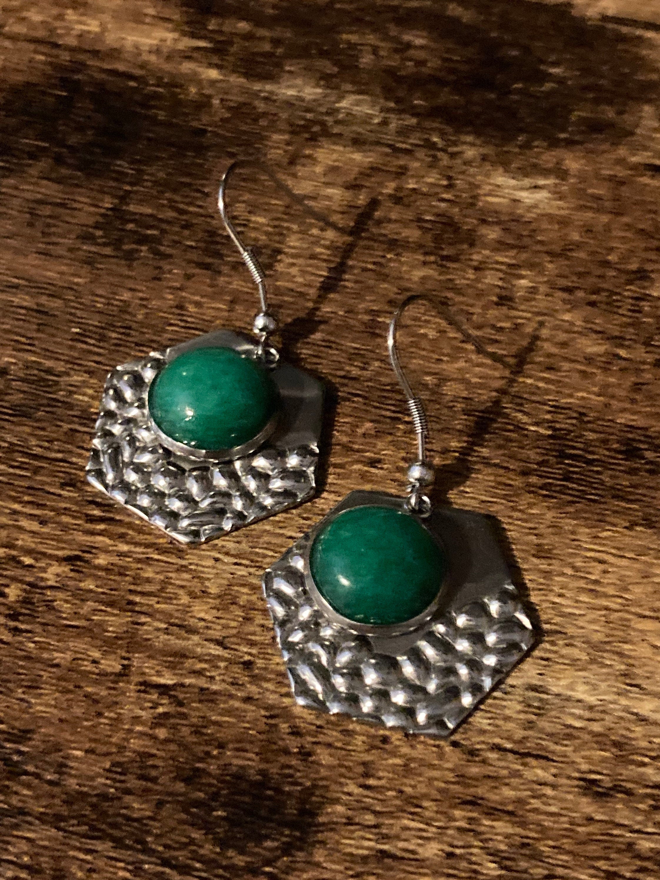 Green gemstone dangly earrings stainless steel planished metal hexagon drops