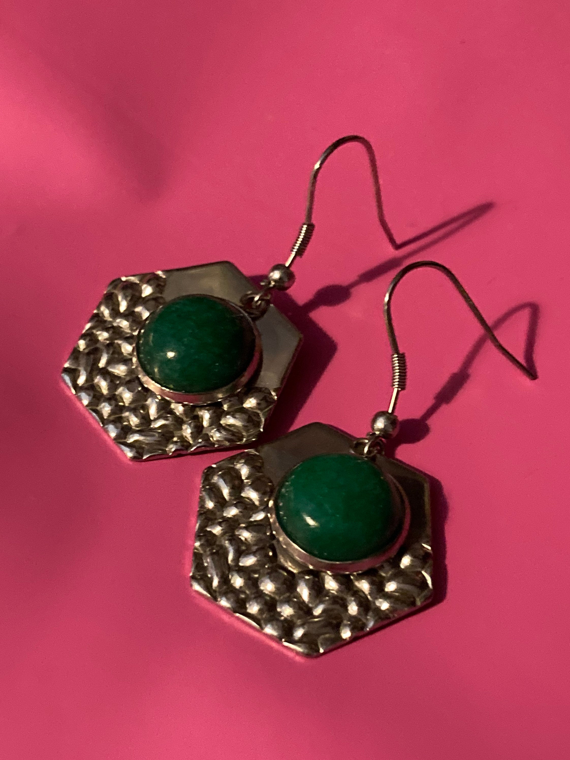 Green gemstone dangly earrings stainless steel planished metal hexagon drops