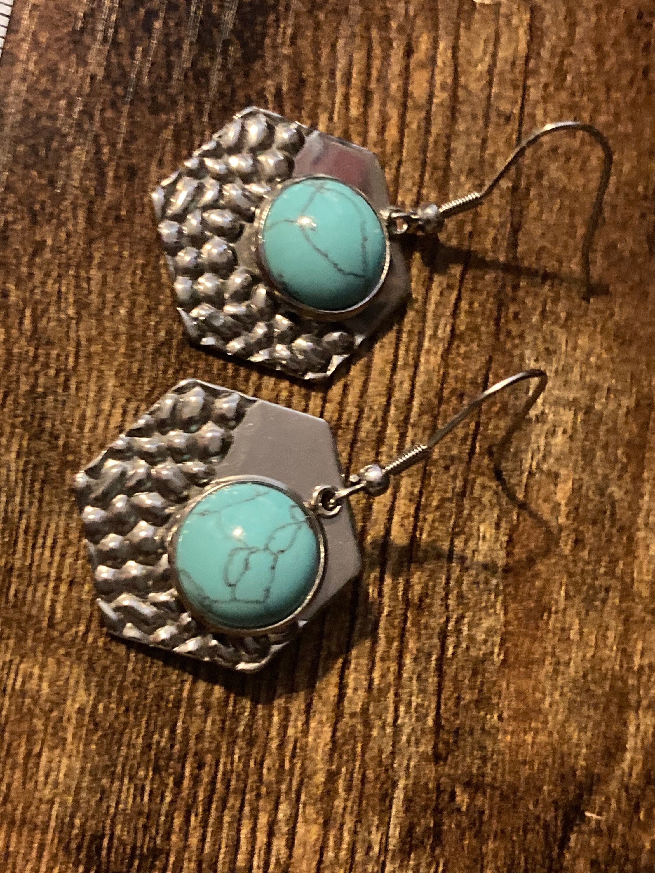 Turquoise blue gemstone dangly earrings stainless steel modernist planished metal