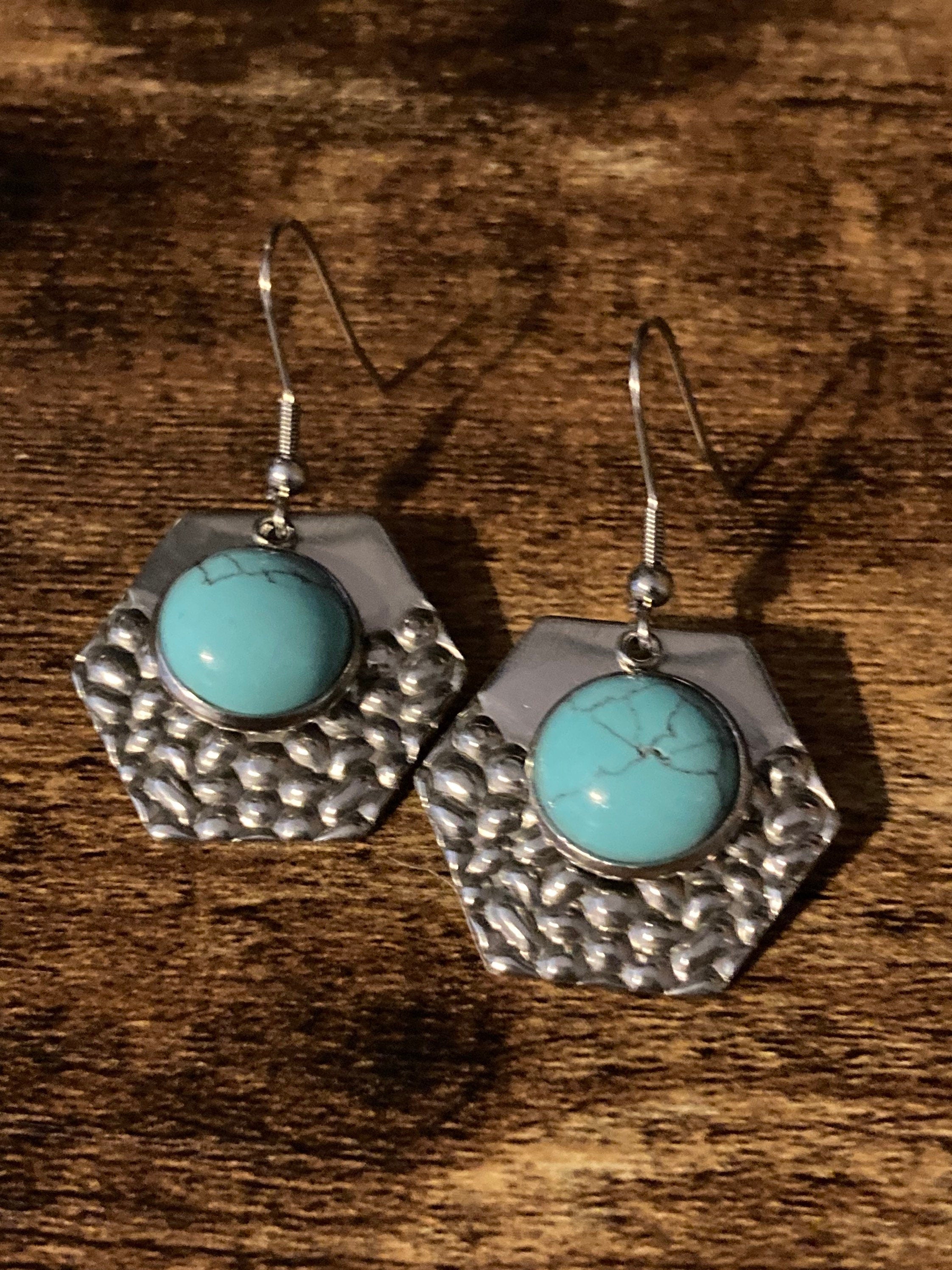 Turquoise blue gemstone dangly earrings stainless steel modernist planished metal