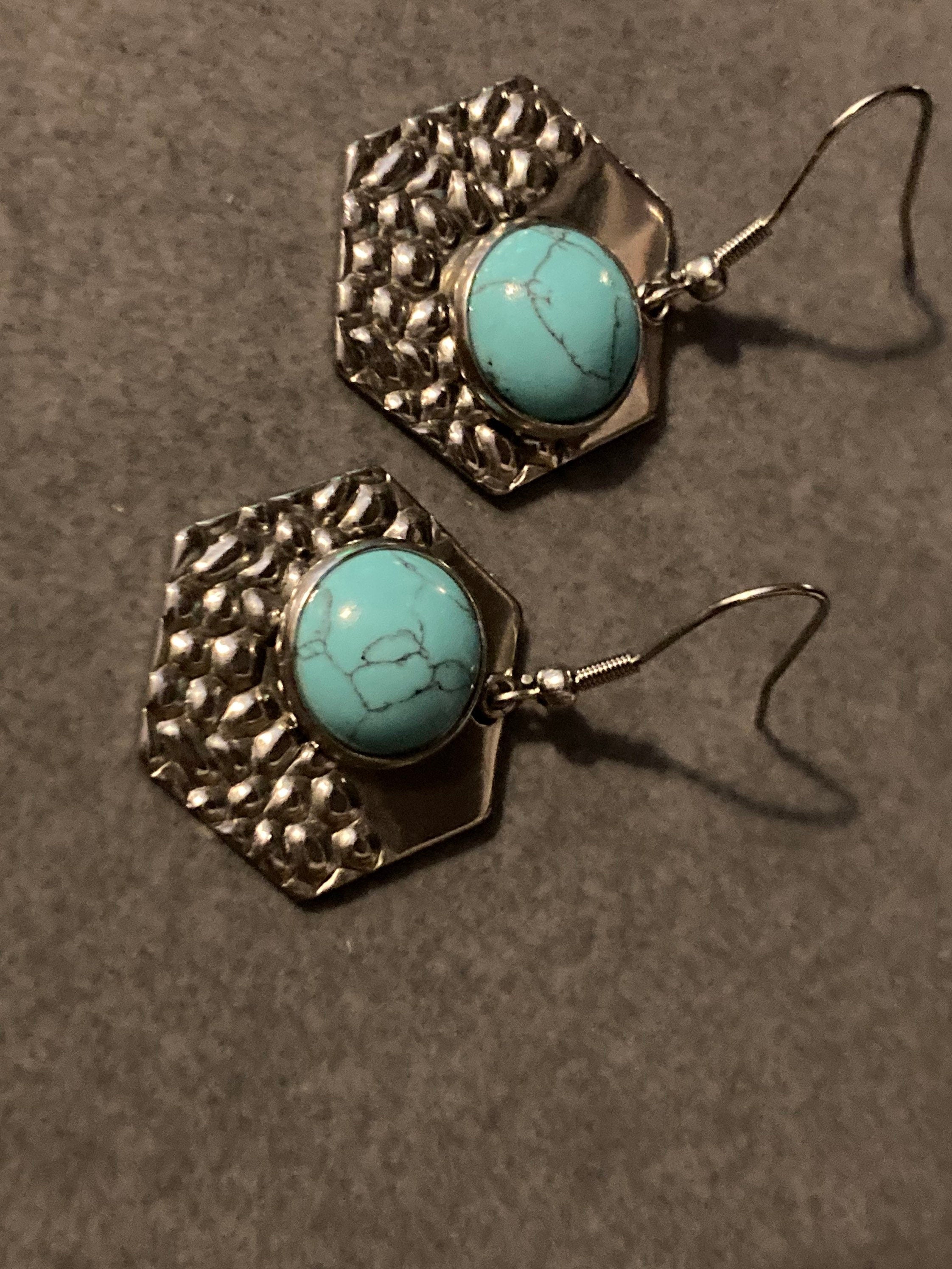 Turquoise blue gemstone dangly earrings stainless steel modernist planished metal