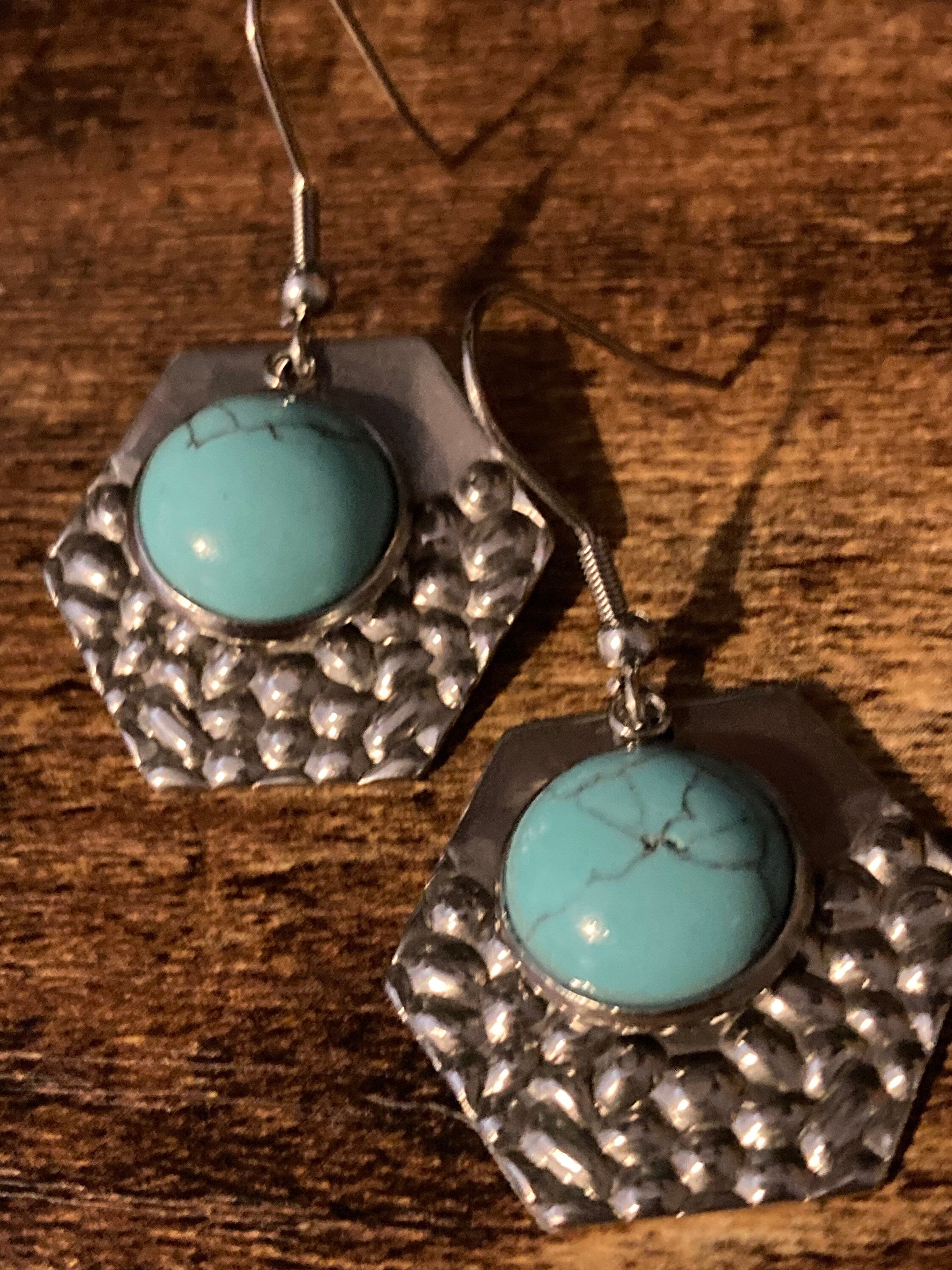 Turquoise blue gemstone dangly earrings stainless steel modernist planished metal