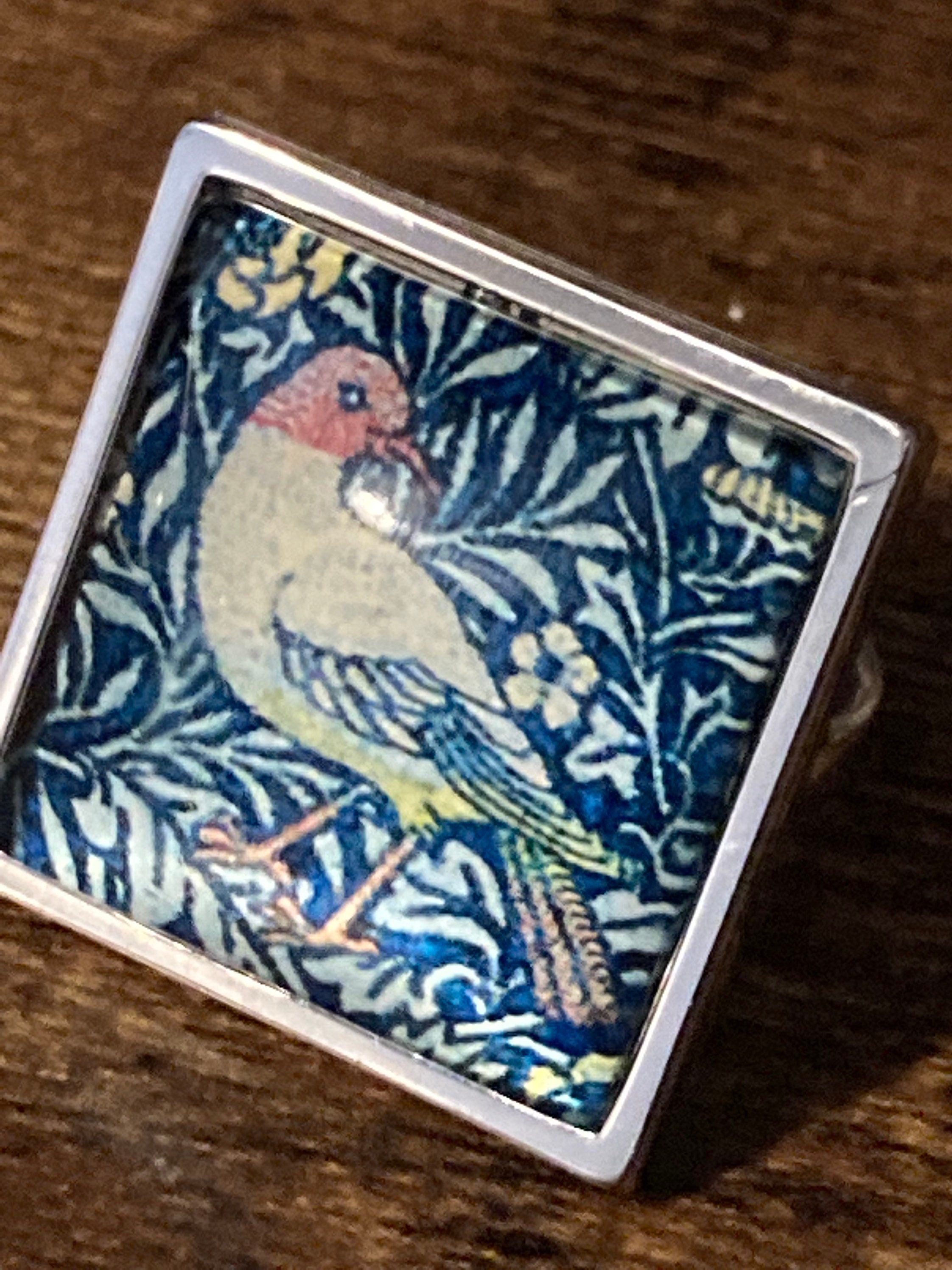 William Morris print ring BIRD design square glass cabochon adjustable