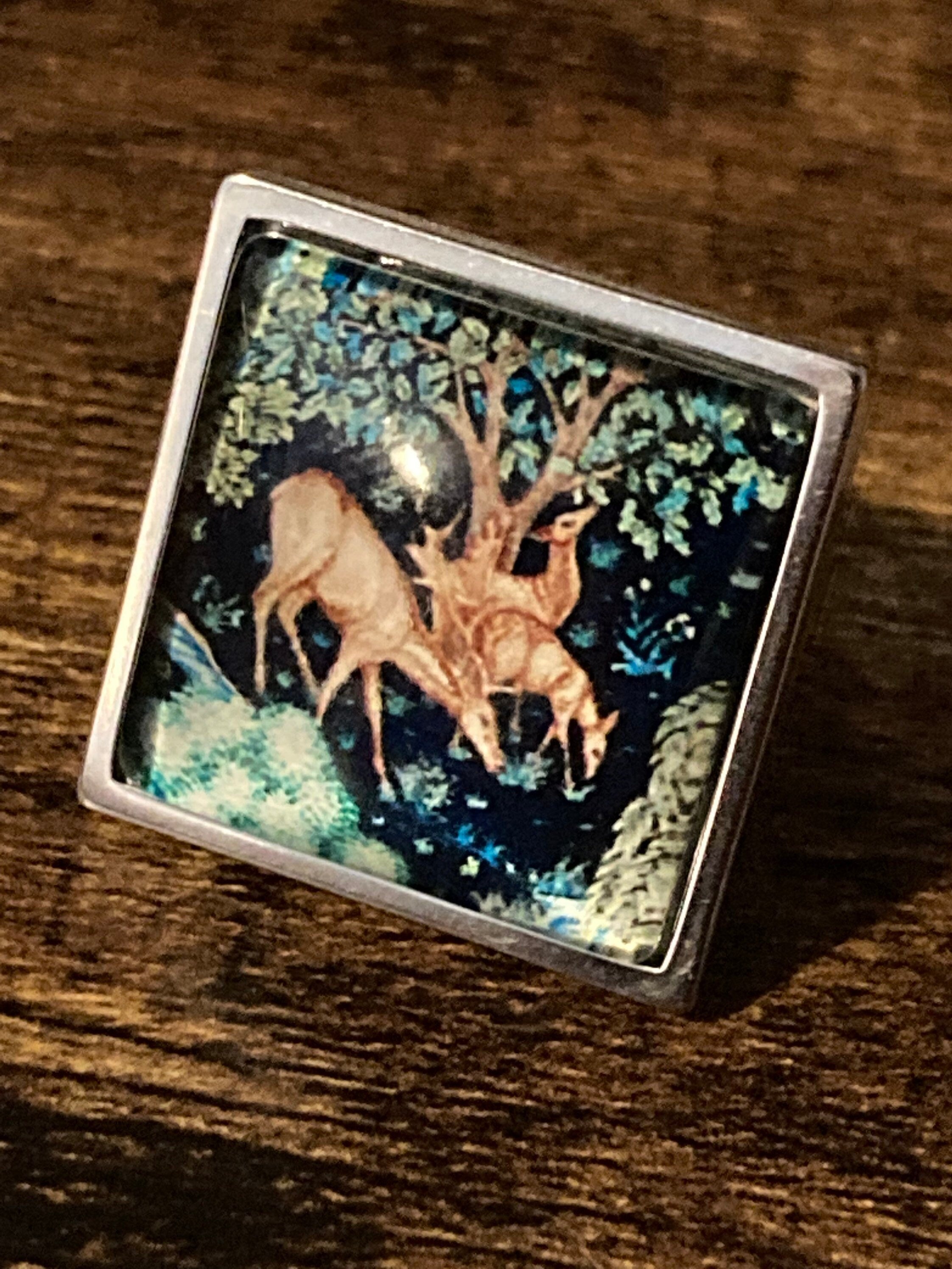 William Morris print ring Forest deer design 2cm square glass adjustable size N O P Q R S